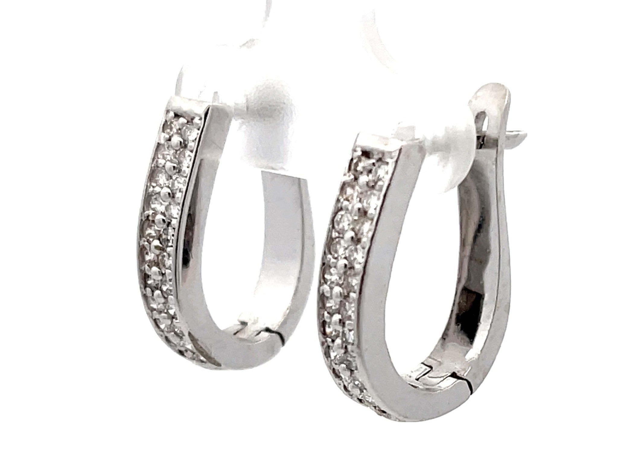 Oval Hoop Diamond Earrings Solid 14K White Gold