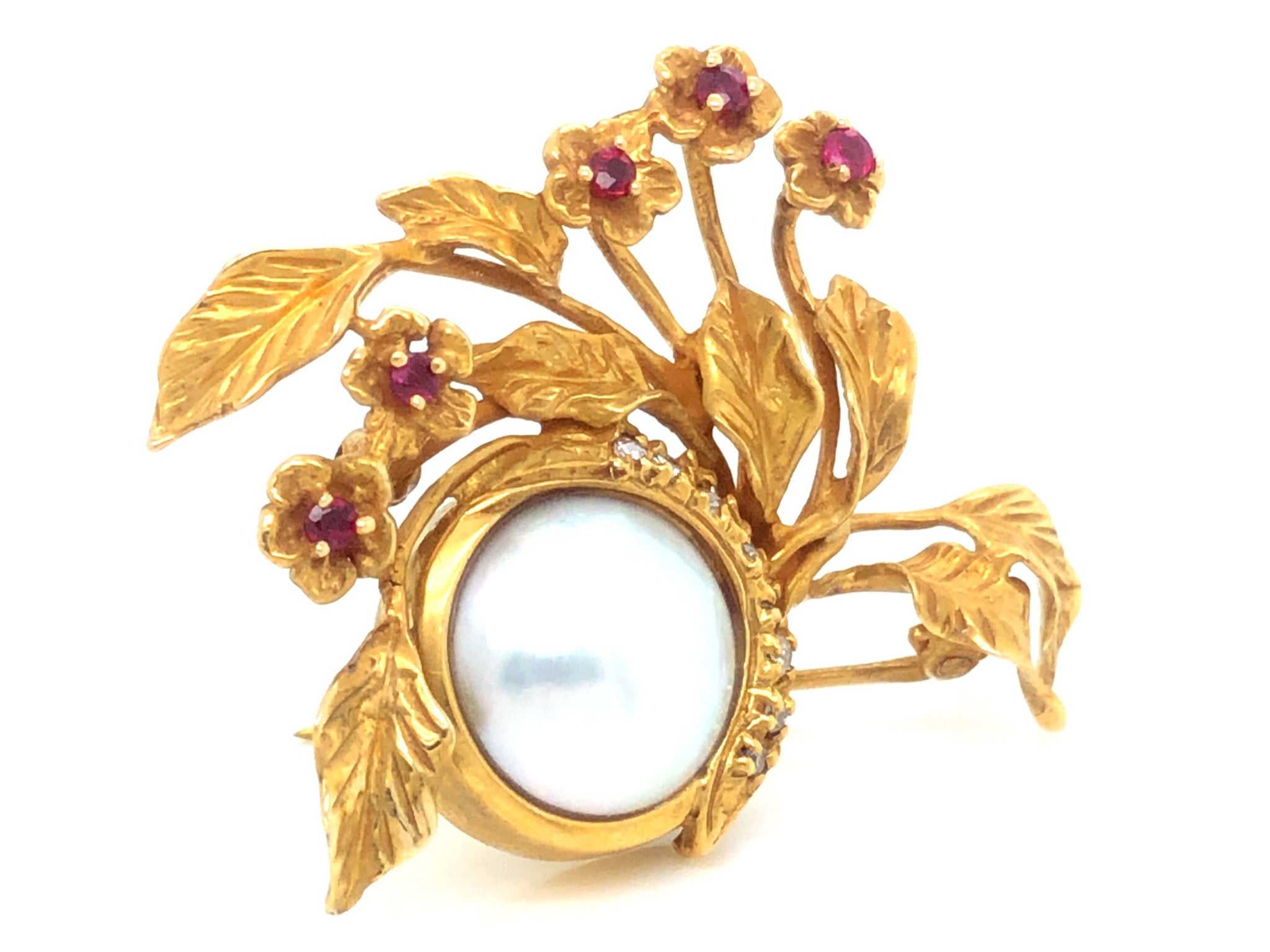 Vintage Givenchy Diamond, Ruby and Mabe Pearl Brooch in 14k Yellow Gold