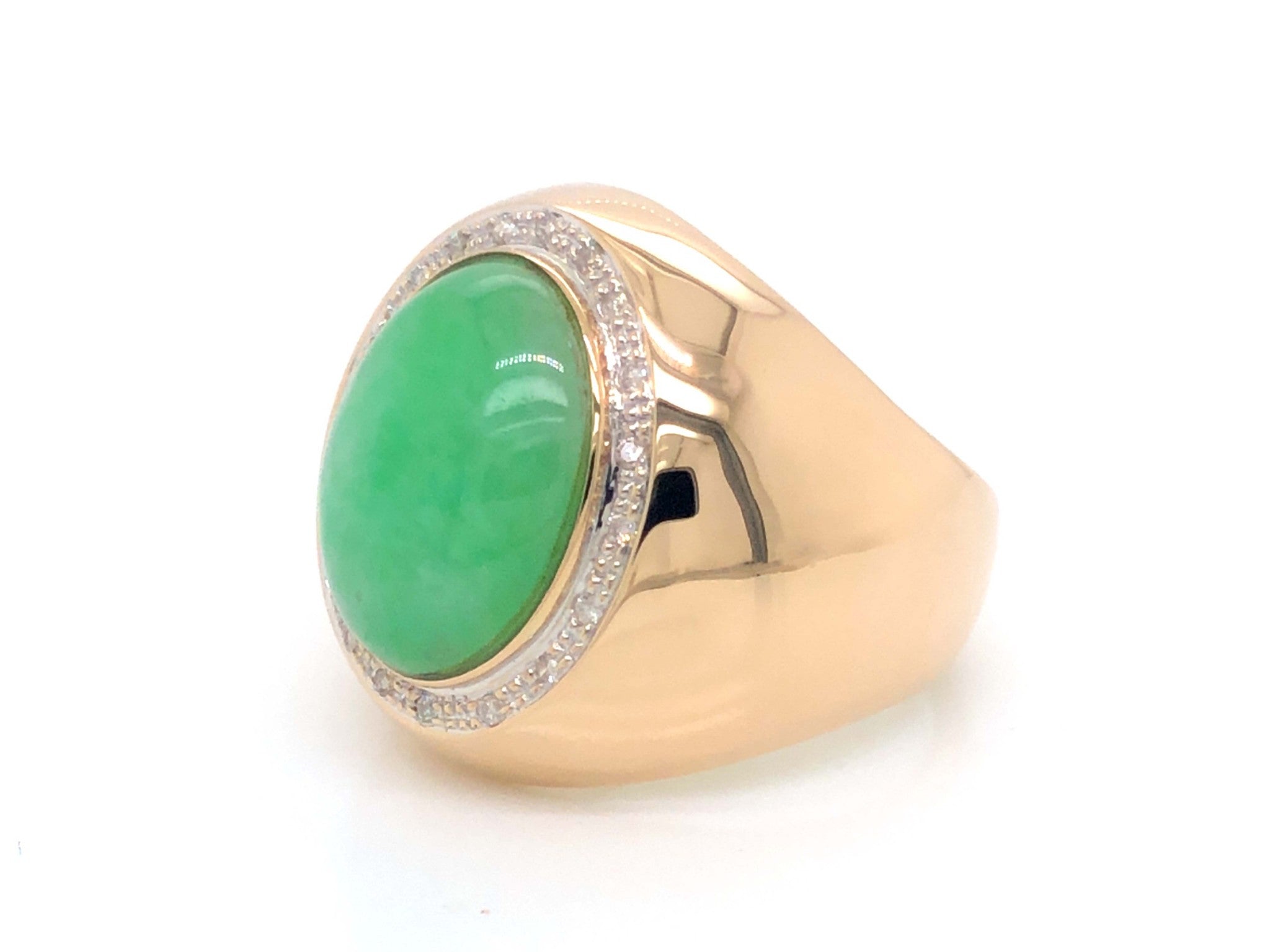 Men's Oval Light Green Jade and Diamond Halo Ring - 14k Yellow Gold