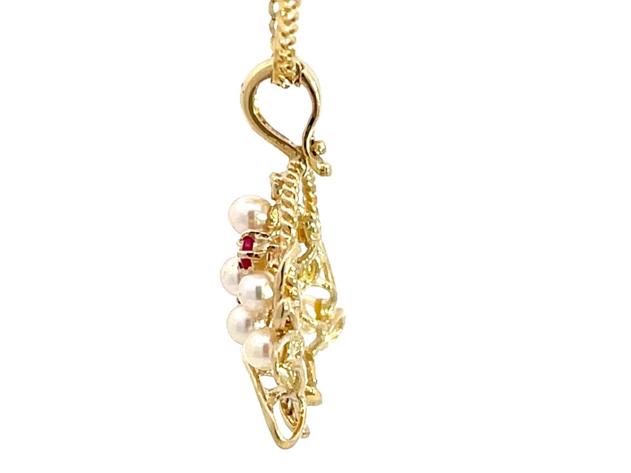 Ruby and Pearl Basket Pendant with Chain in 14k Yellow Gold