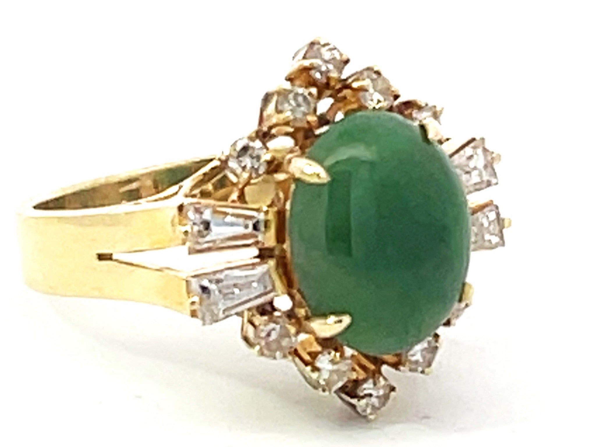 Round Brilliant and Baguette Diamond Halo Dark Green Jade Ring 14K Yellow Gold