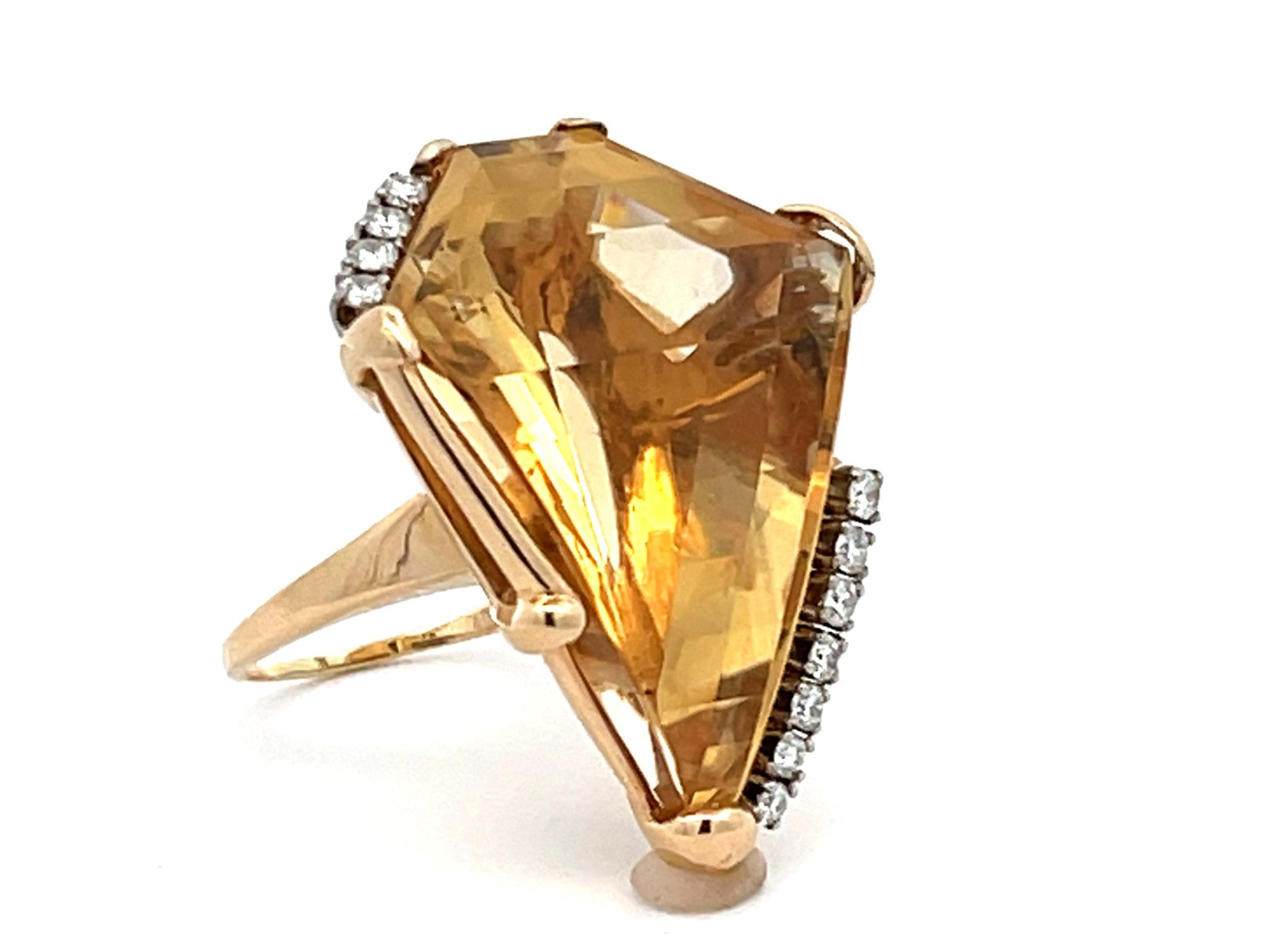 Diamond Shaped Citrine & Diamond Cocktail Ring in 14k Yellow Gold