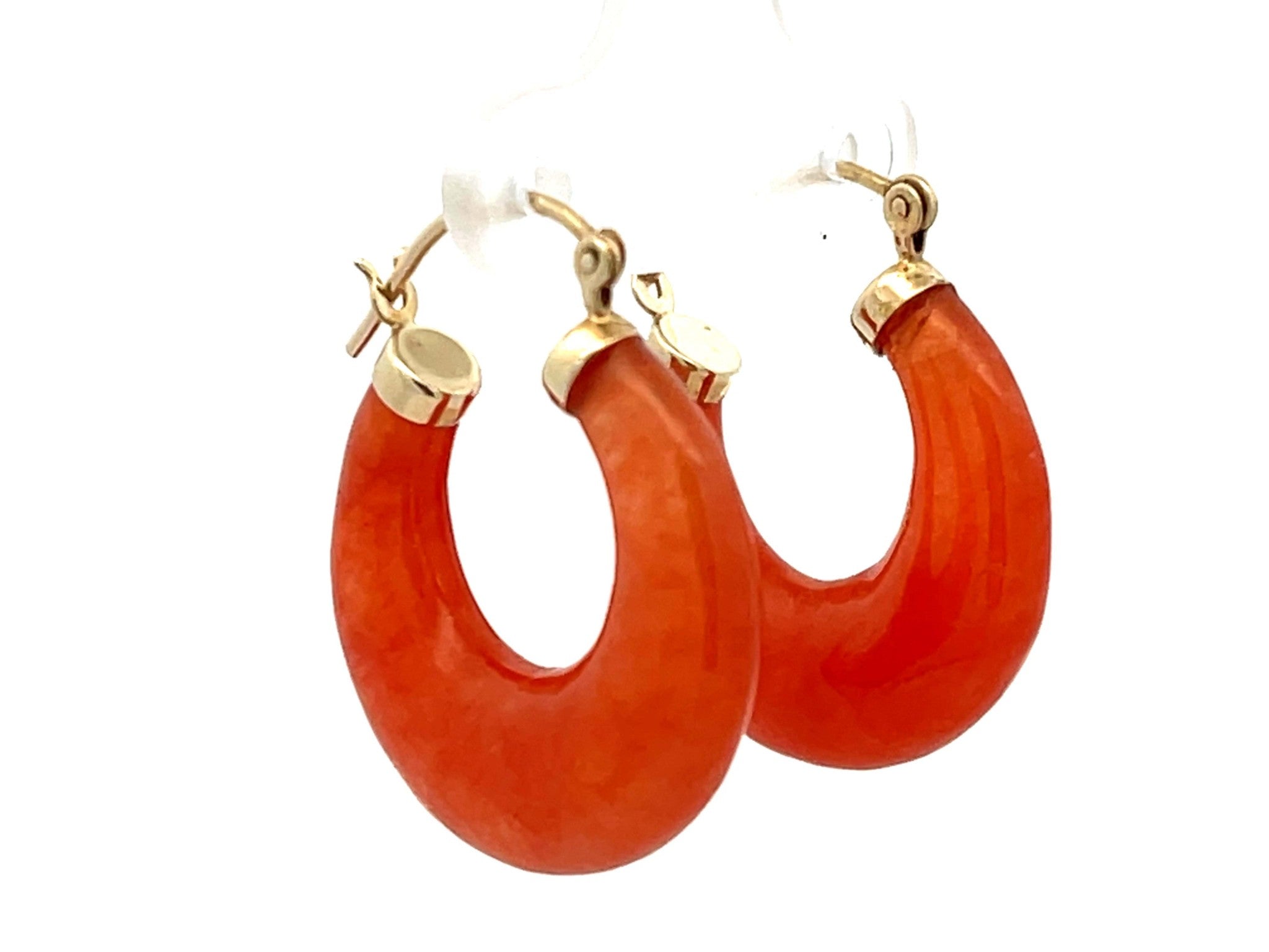 Vintage Orange Carnelian Chunky Hoop Earrings 14K Gold