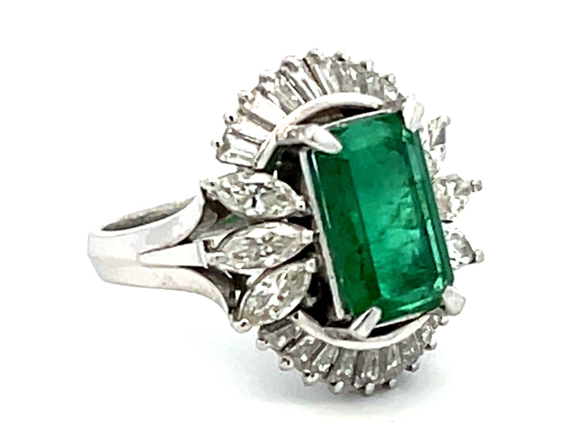 GIA Zambia Emerald, Baguette and Marquise Diamond Platinum Ring