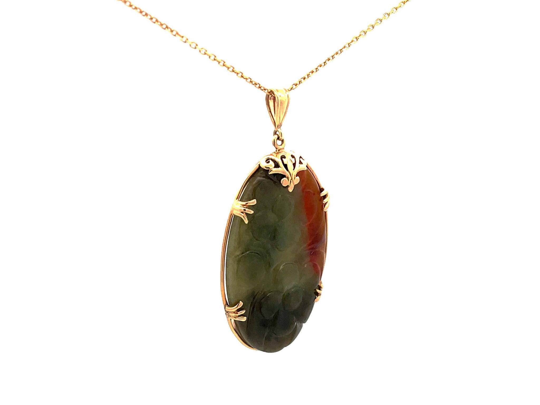 Mings Hawaii Carved Green and Red Oval Jade Pendant and Chain in 14k Yellow Gold