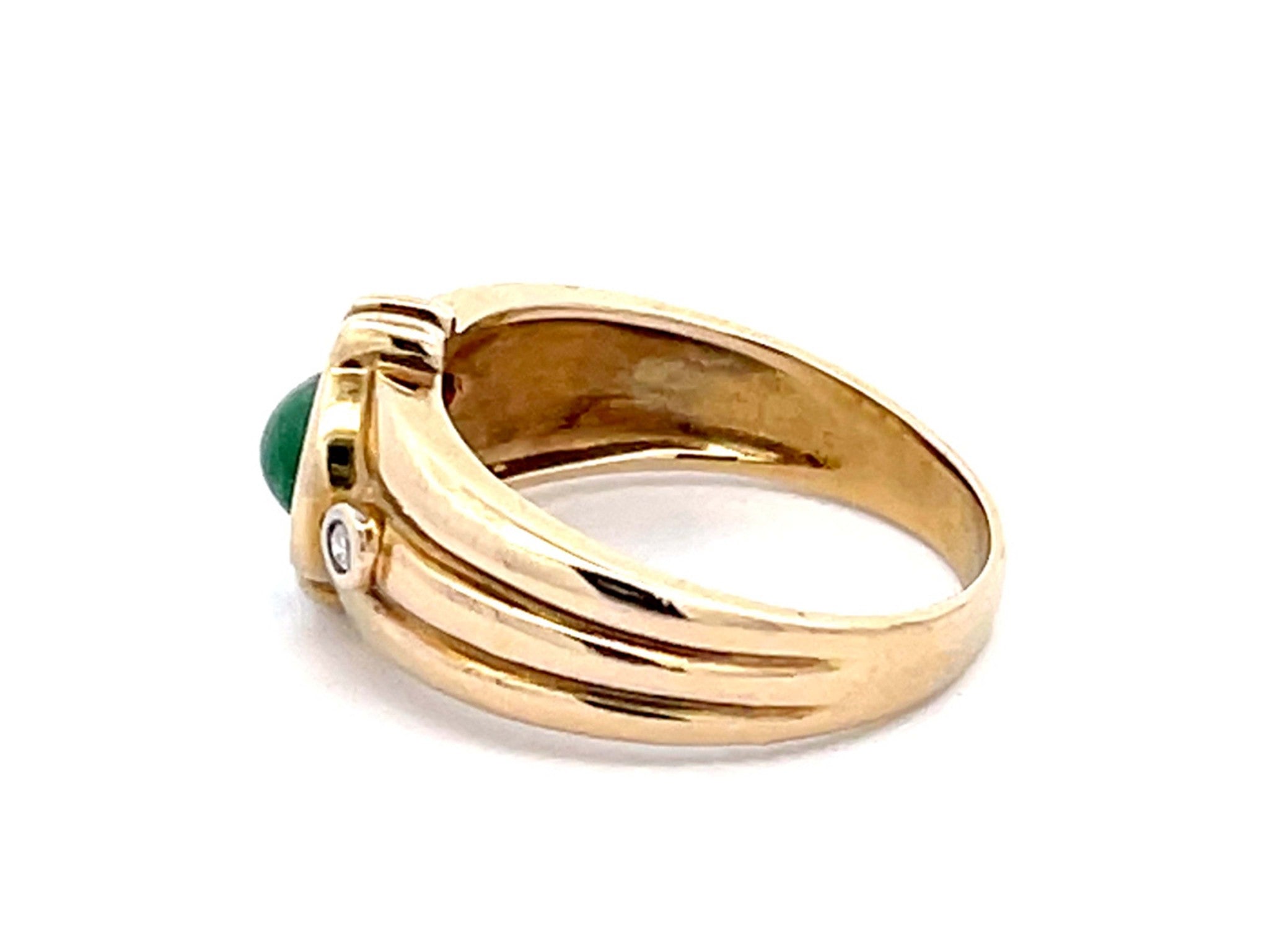 Oval Green Cabochon Emerald and Diamond Ring in 14k Yellow Gold