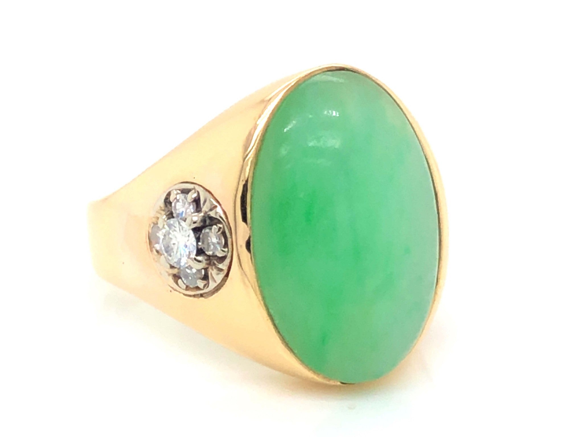 Men's Oval Pale Mottled Green Jade, Diamond and Ruby Ring - 14k Yellow Gold