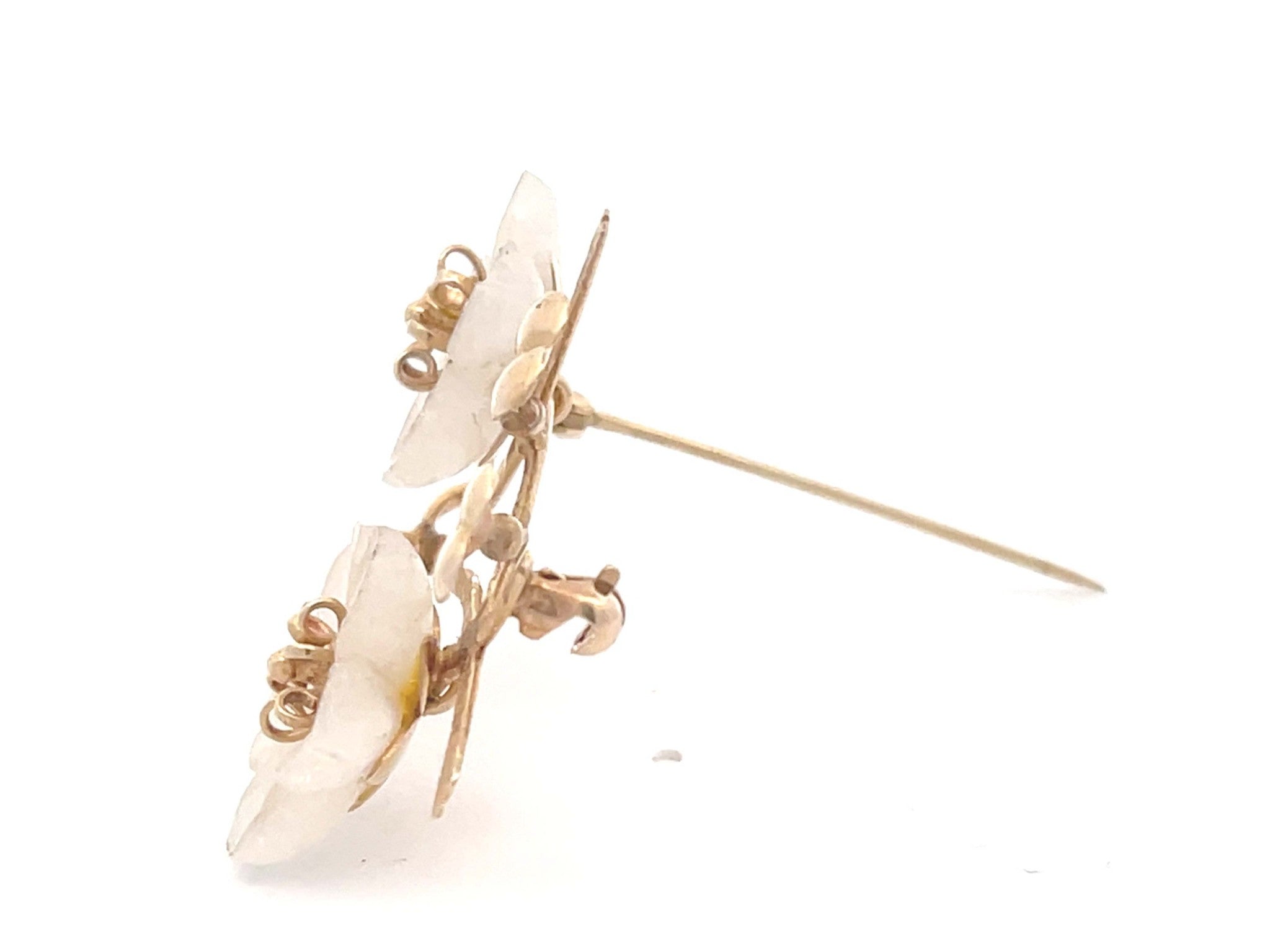 Mings Carved White Jade Flower Brooch in 14k Yellow Gold