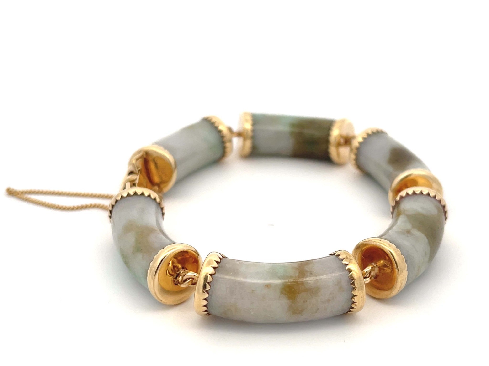Mings Pale Green and Brown Jade Bracelet in 14K Yellow Gold