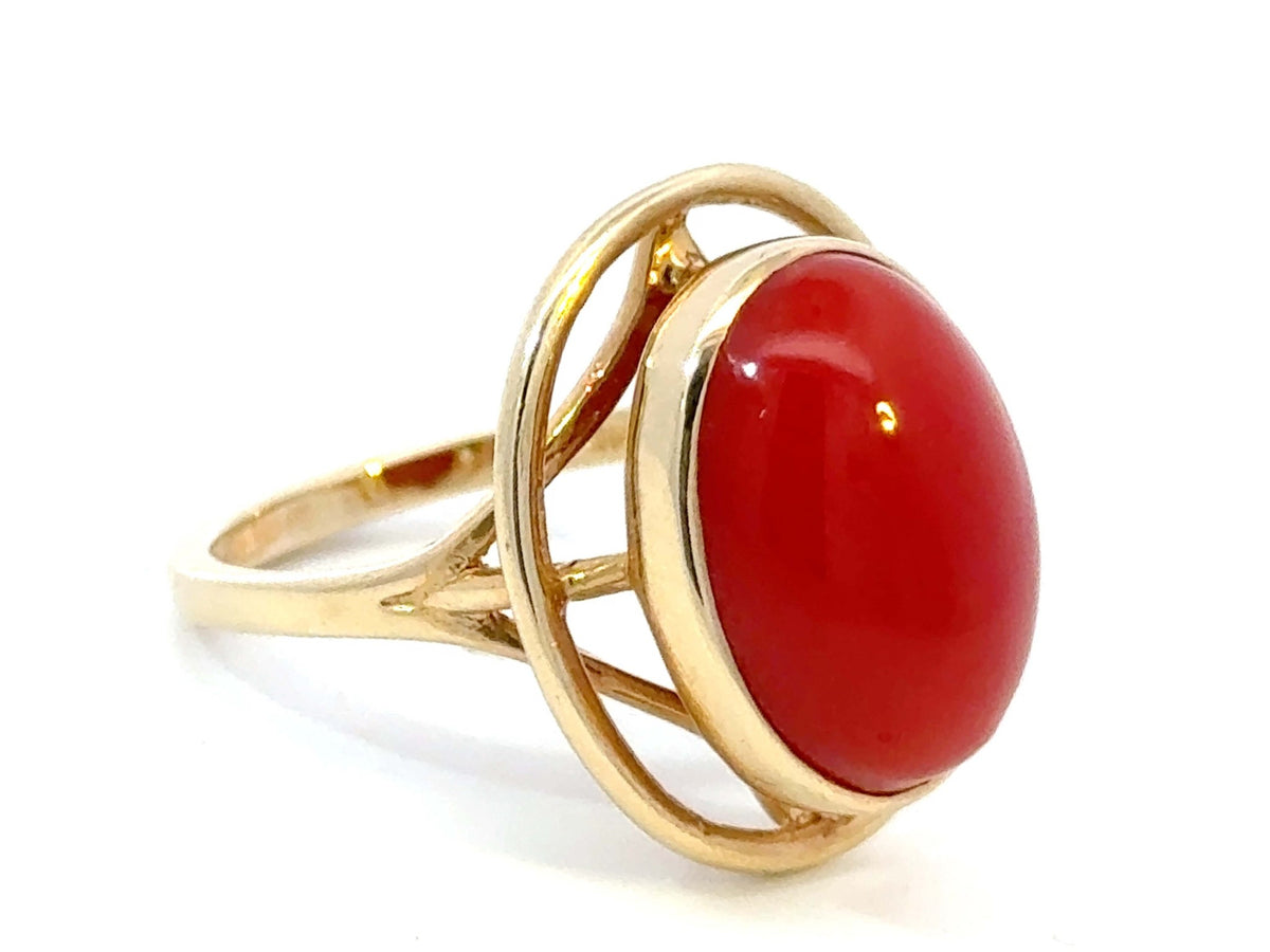 Shop Red Aka Coral Cabochon Ring 14k Gold | Solitaire Jewelers ...