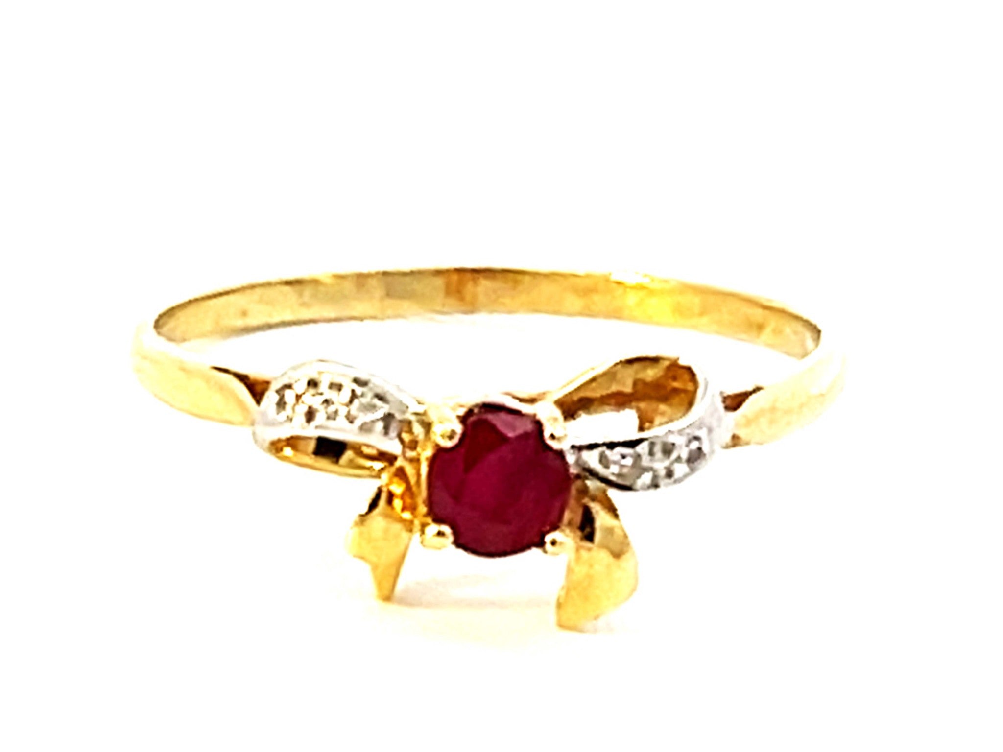Round Red Ruby Bowtie Diamond Ring in 14k Yellow Gold