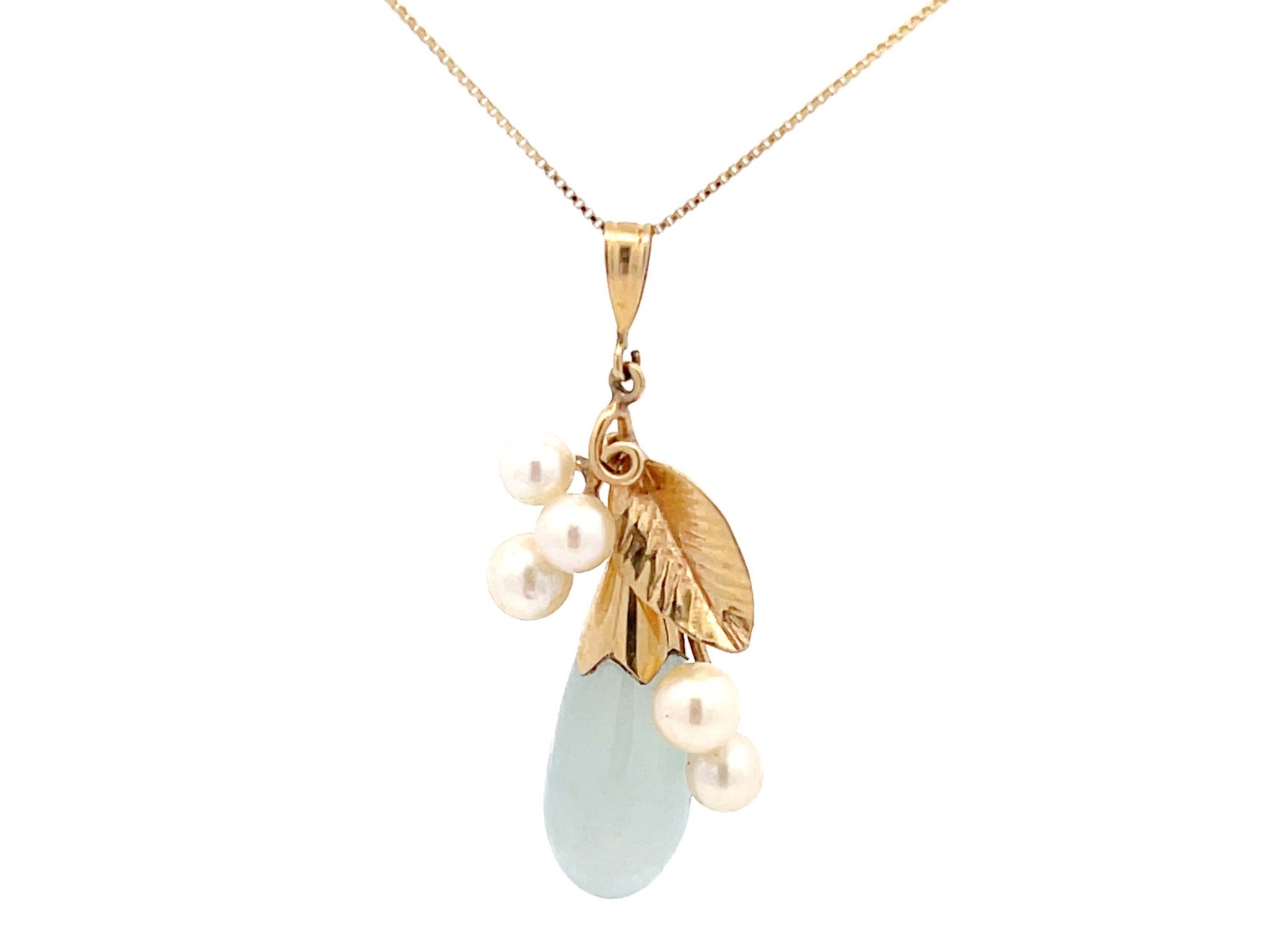 Mings Hawaii Jade and Pearl Leaf Pendant in 14k Yellow Gold with Chain
