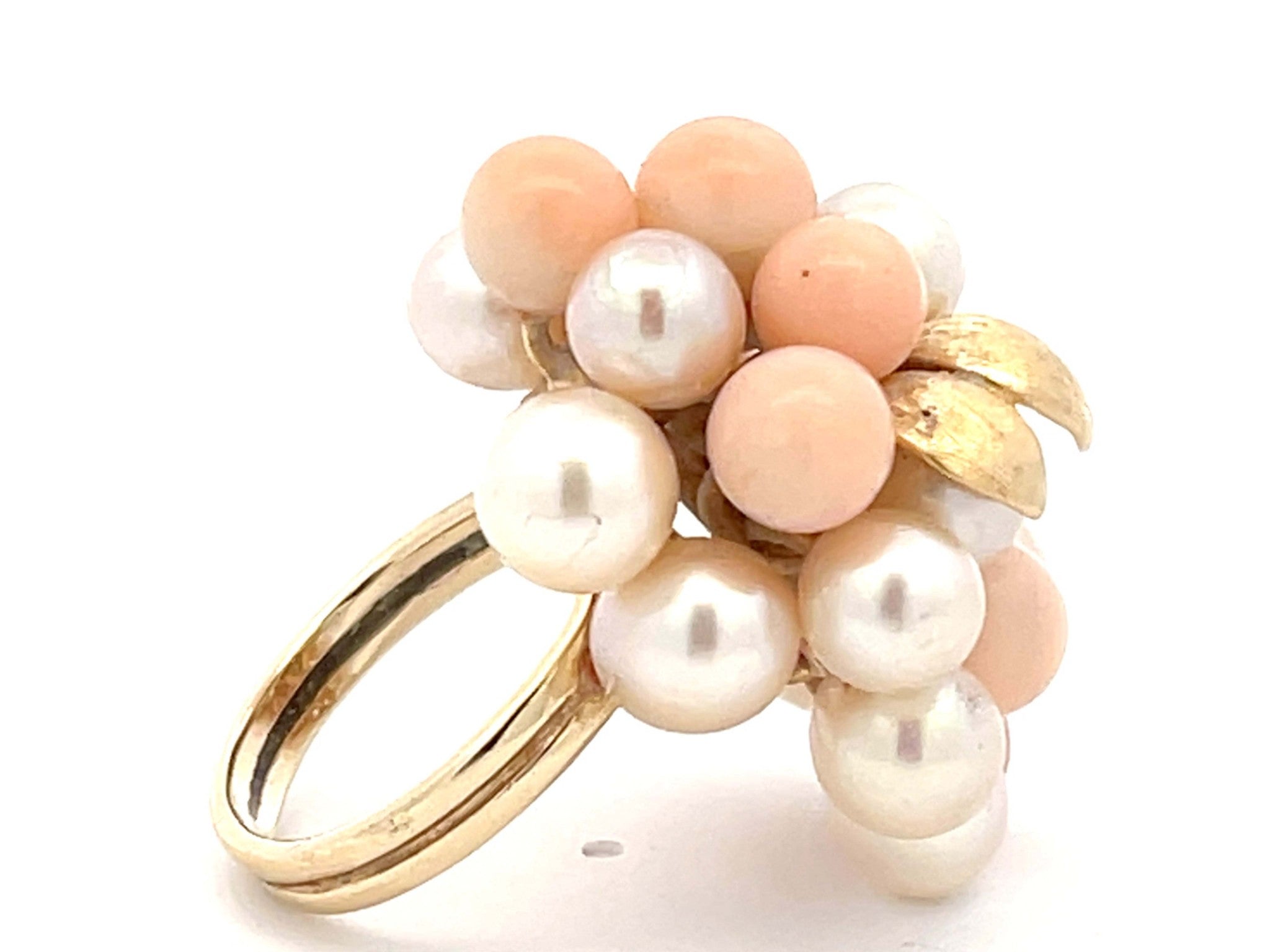 Mings Large Akoya Pearl and Angelskin Coral Leaf Ring in 14k Yellow Gold