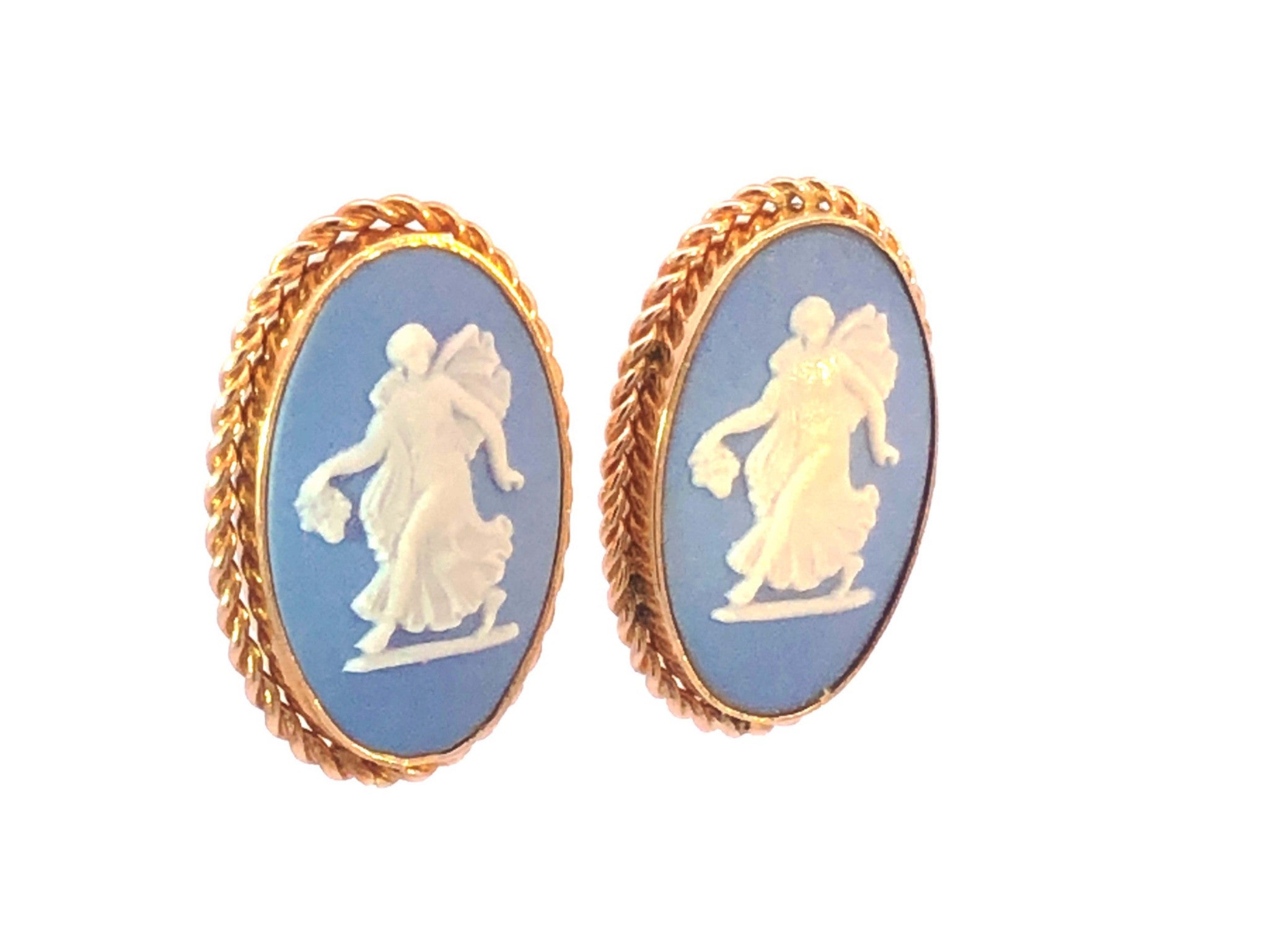 Wedgwood Jasper Wear Blue Oval Earrings & Pendant Brooch Set in 14K Yellow Gold