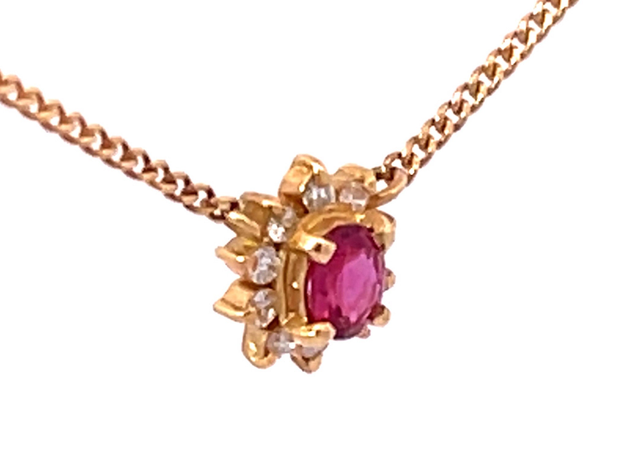 Ruby Diamond Halo Necklace in 18k Yellow Gold