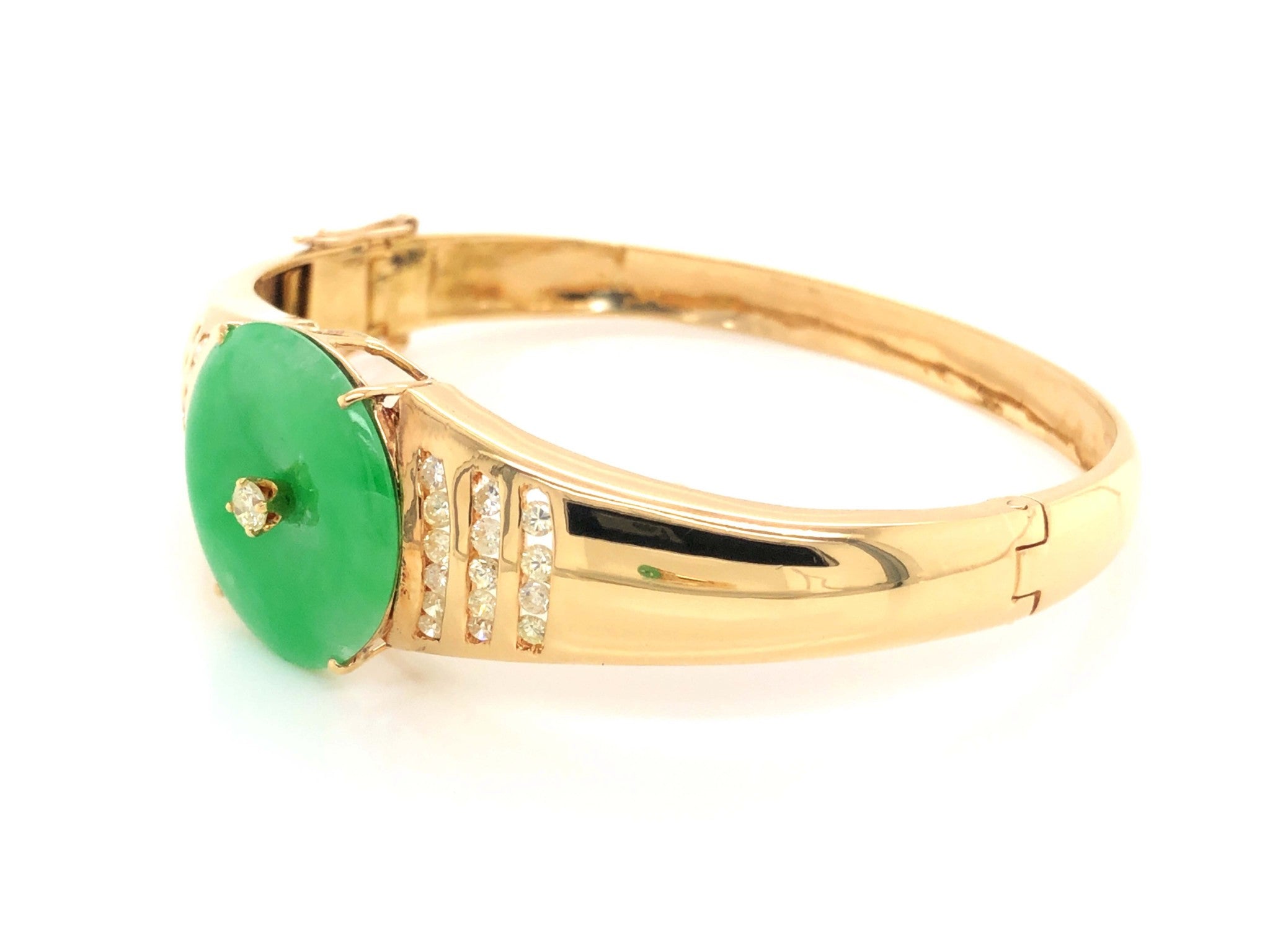 Green Jadeite Jade and Diamond Hinged Bangle Bracelet in 18k Yellow Gold