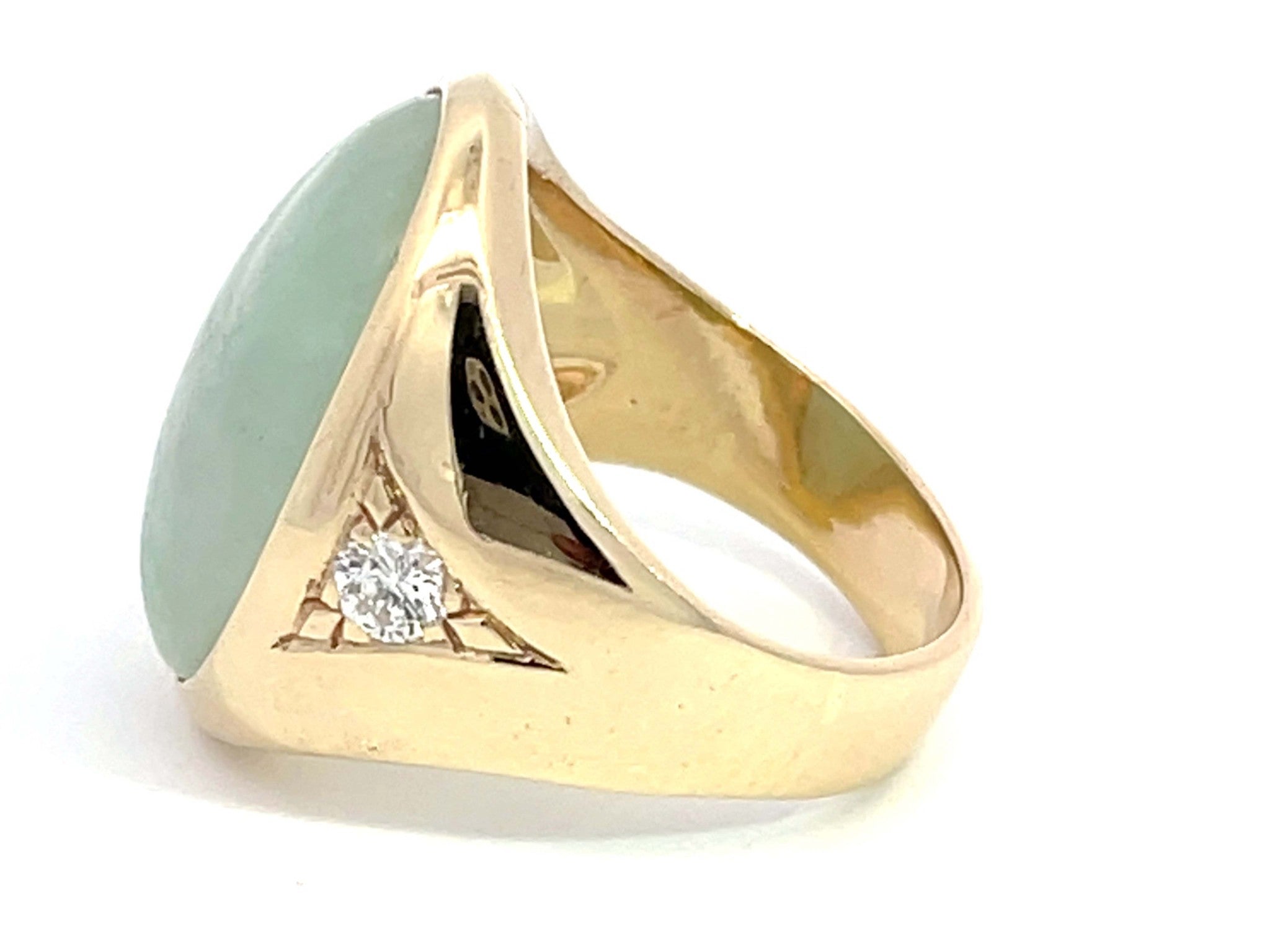 Oval Cabochon Pale Green Jade and Diamond Ring in 14K Yellow Gold