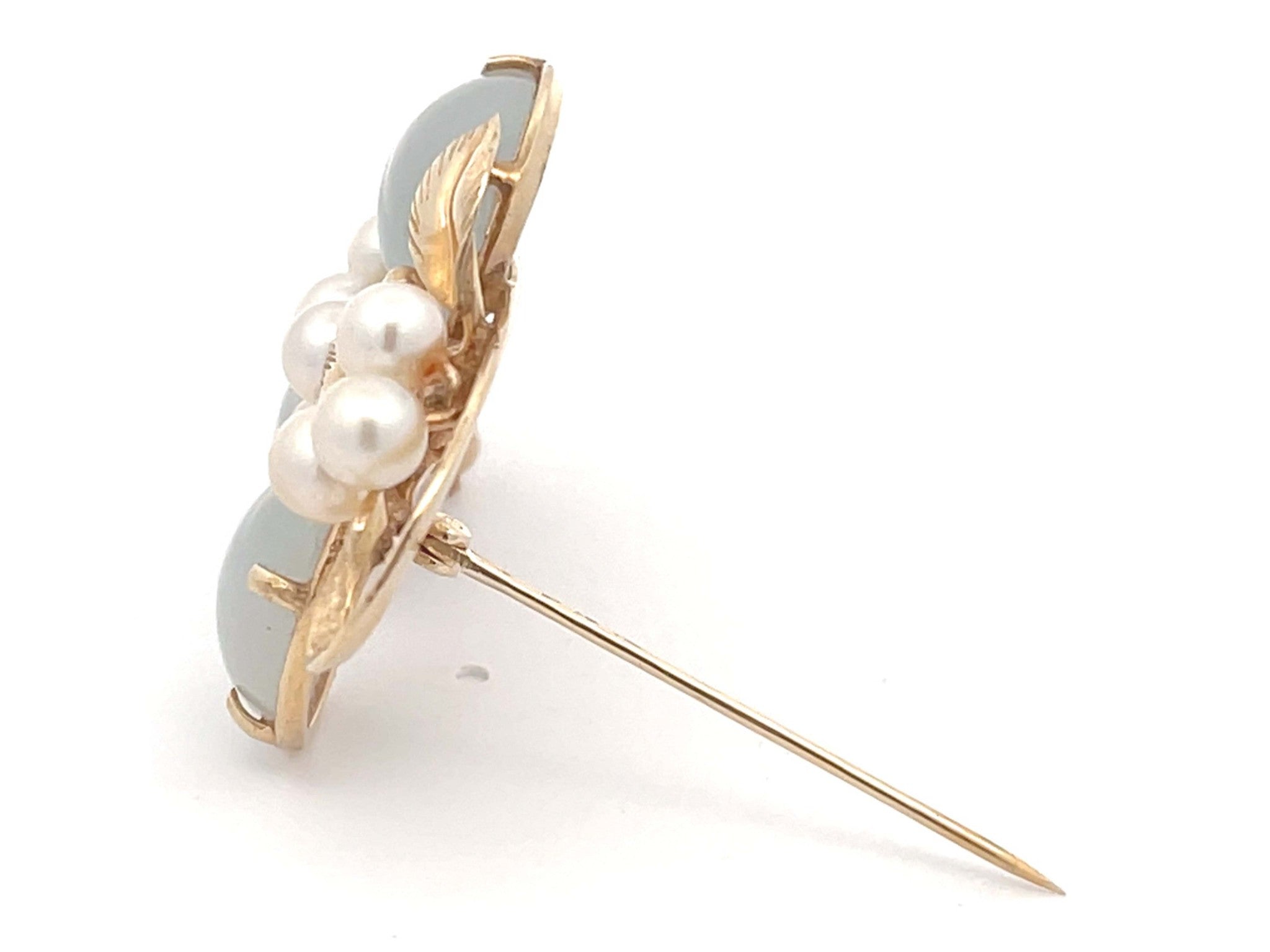 Mings Pale Oval Jade and Pearls Branch Brooch in 14k Yellow Gold