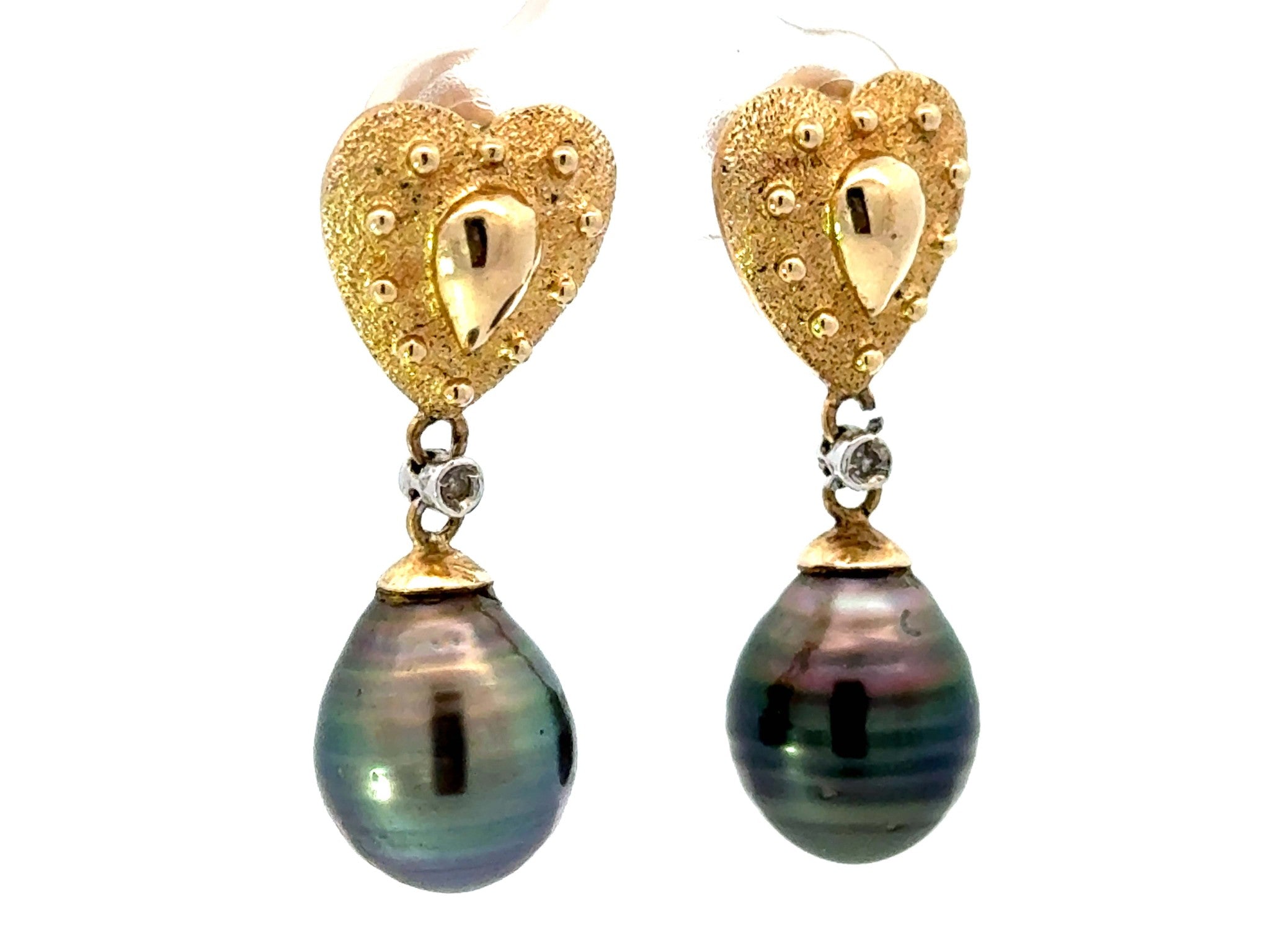 Tahitian Pearl and Yellow Gold Heart Earrings 14K Yellow Gold