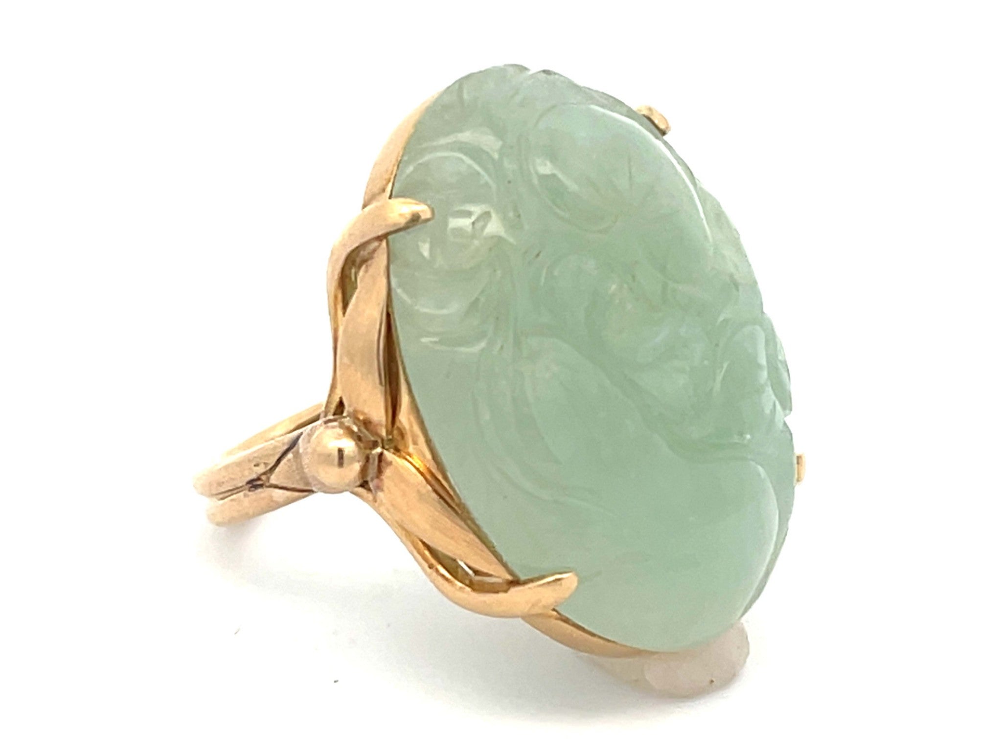 Large Oval Carved Cabochon Pale Green Jade Ring in 14k Yellow Gold