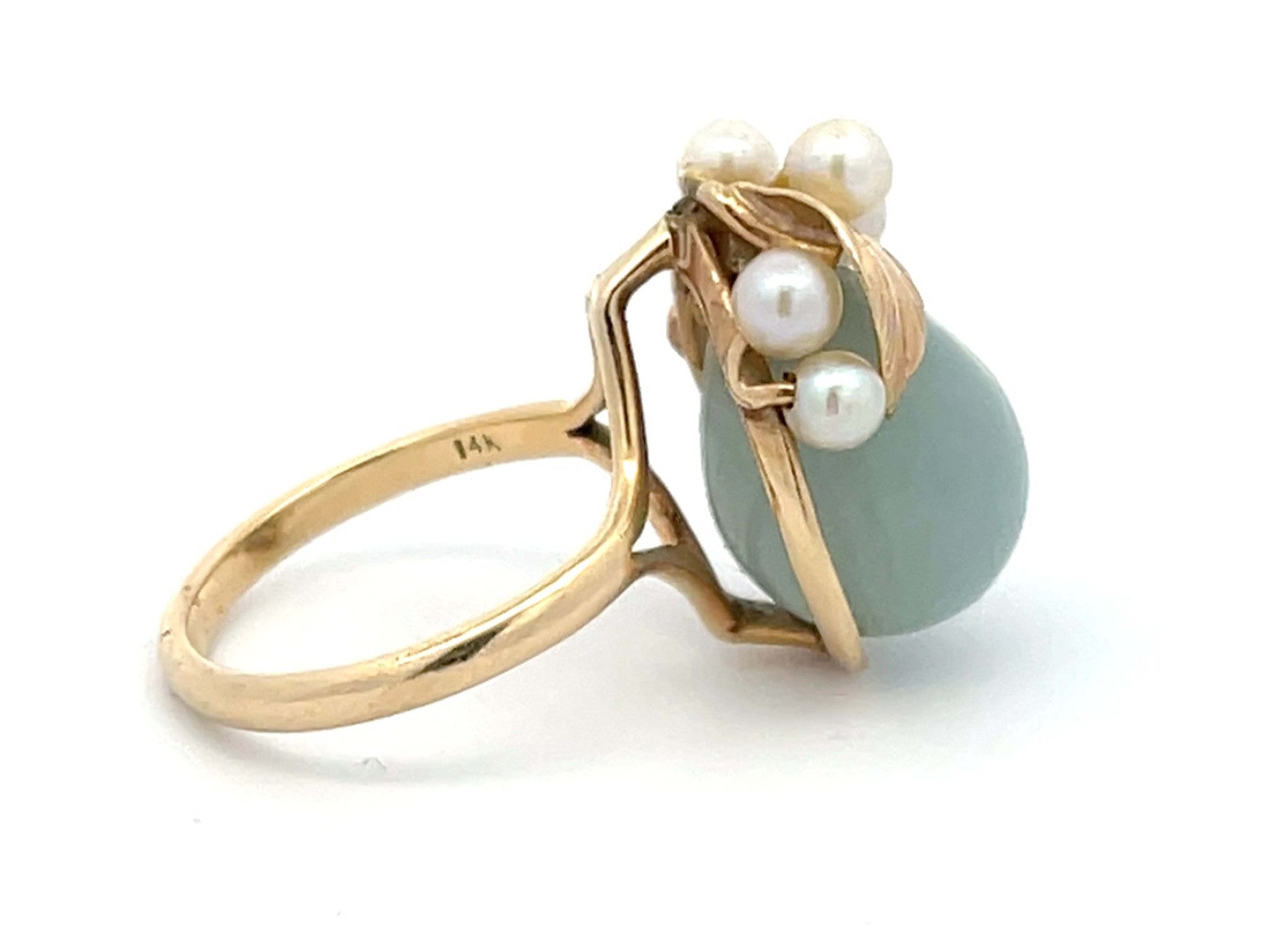 Mings Pear Shaped Jade and Pearl Ring in 14k Yellow Gold