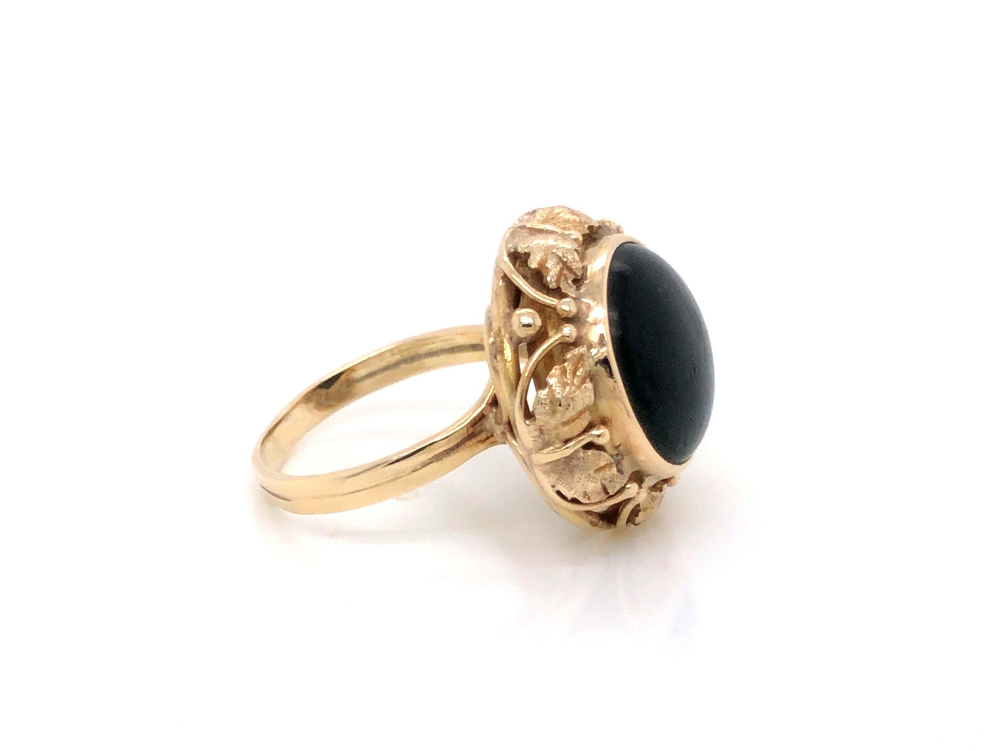 Vintage Round Black Jade Ring with Leaf Design- 14k Yellow Gold