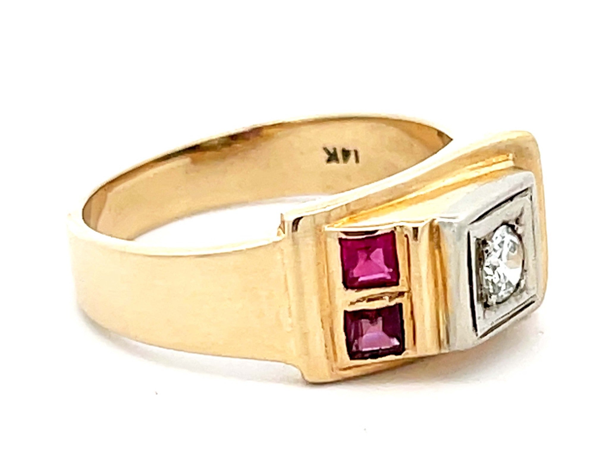 Mens Vintage Ruby and Diamond Retro Ring in 14k Yellow Gold