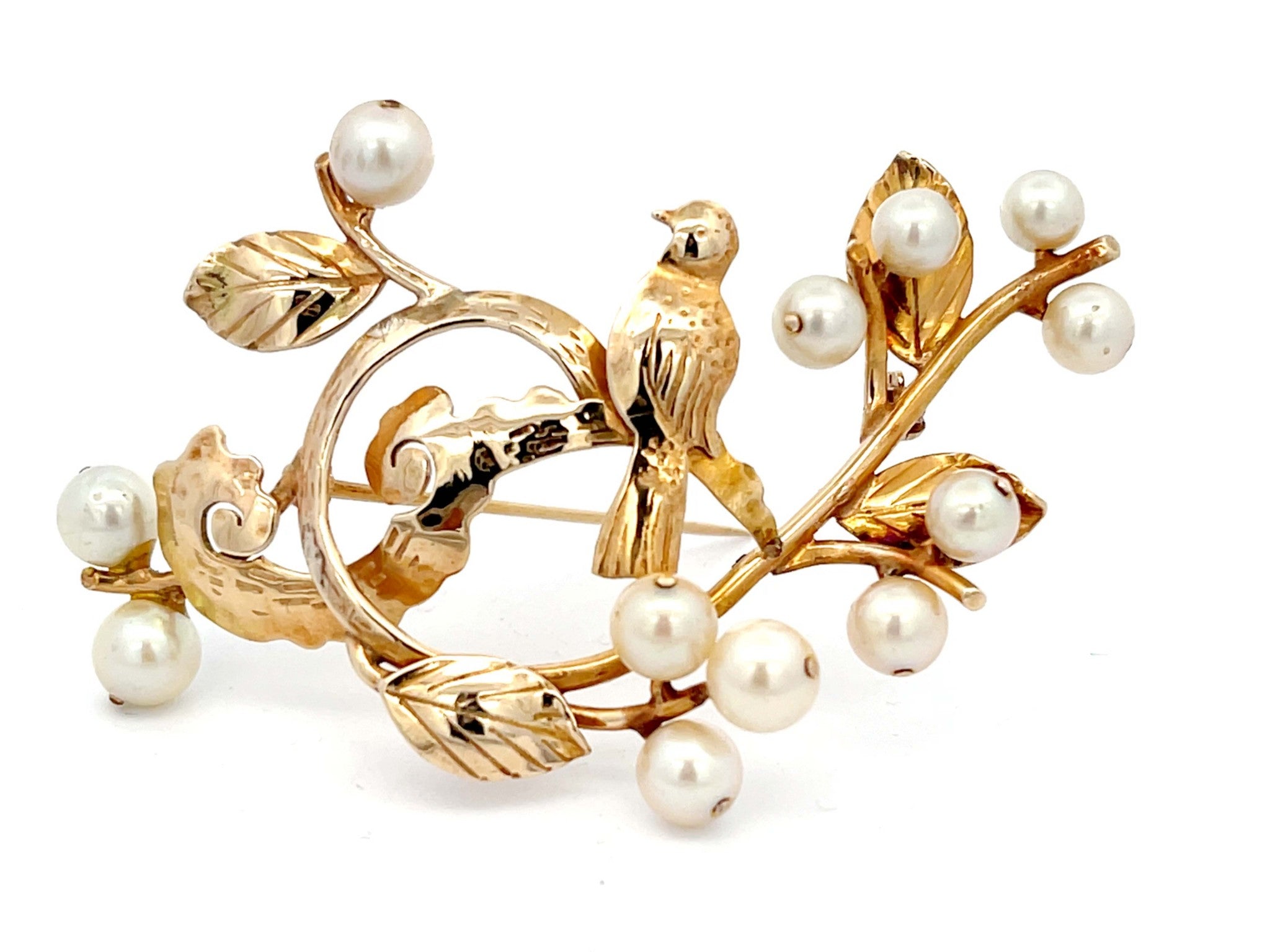 Mings Bird on a Blossom Large Brooch with Pearls in 14k Yellow Gold