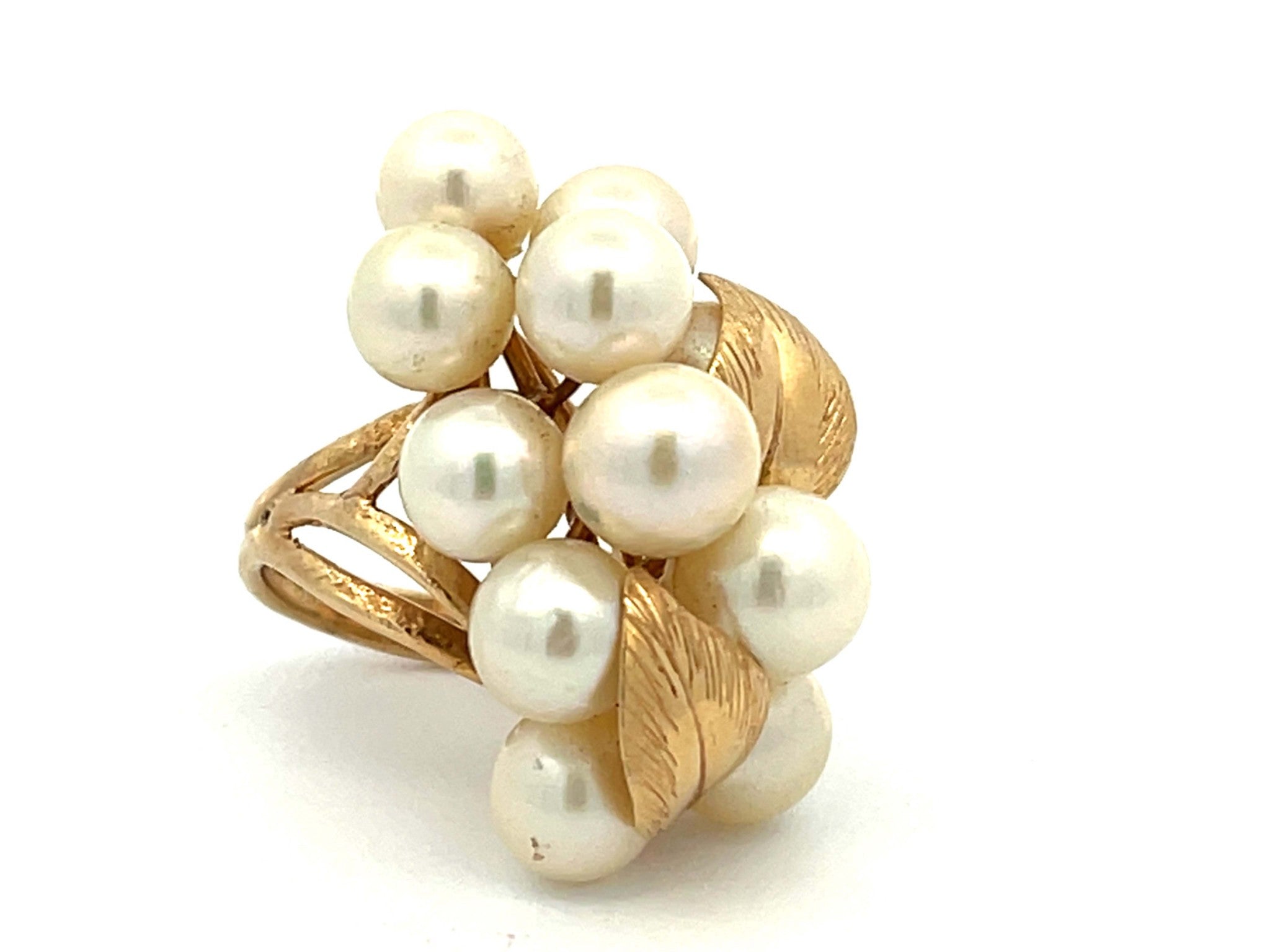 Mings Large Akoya Pearl and Leaf Ring in 14k Yellow Gold