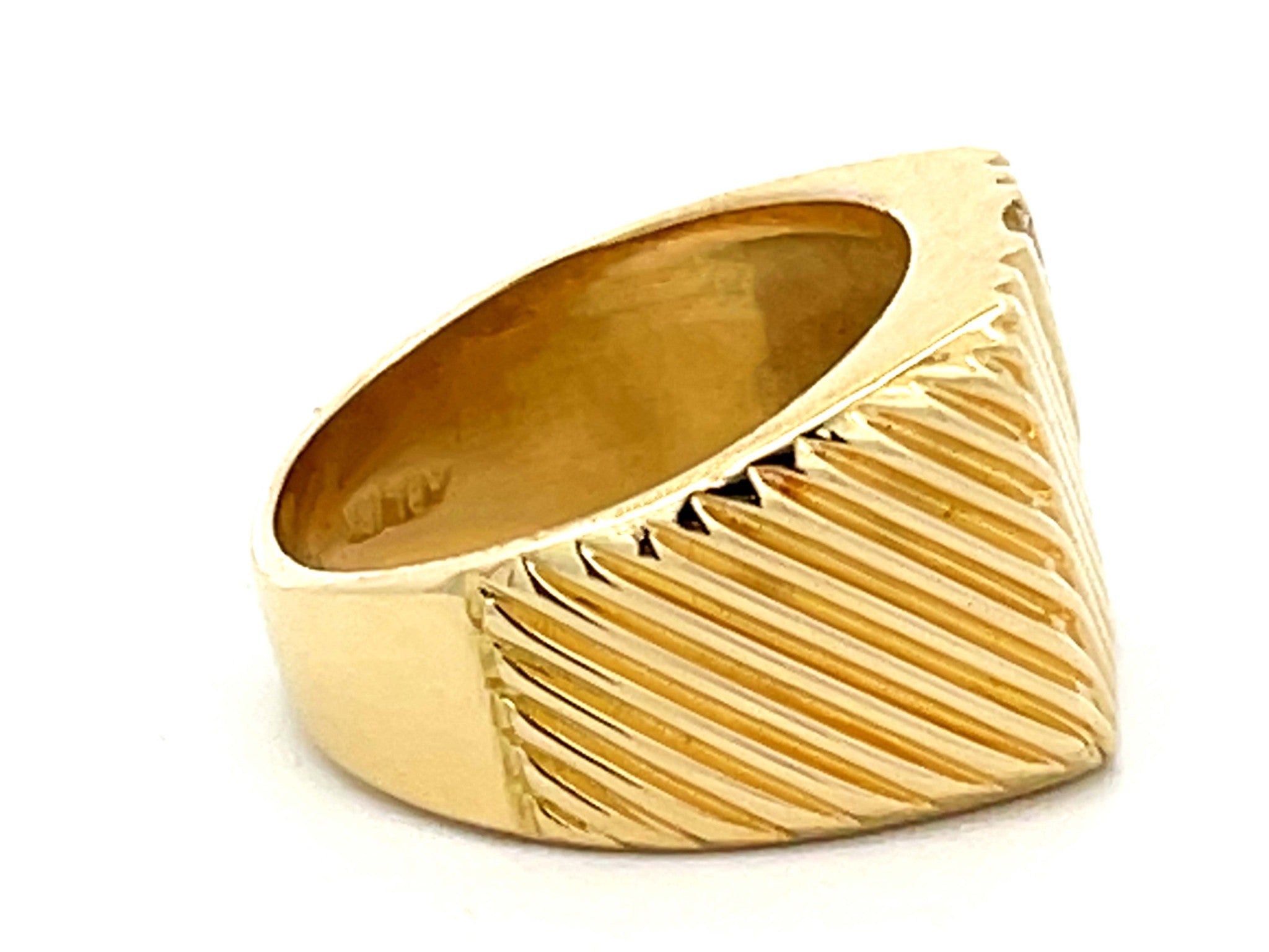 Mens Fluted Design and Diagonal Diamond Row Pinky Ring in 18k Yellow Gold