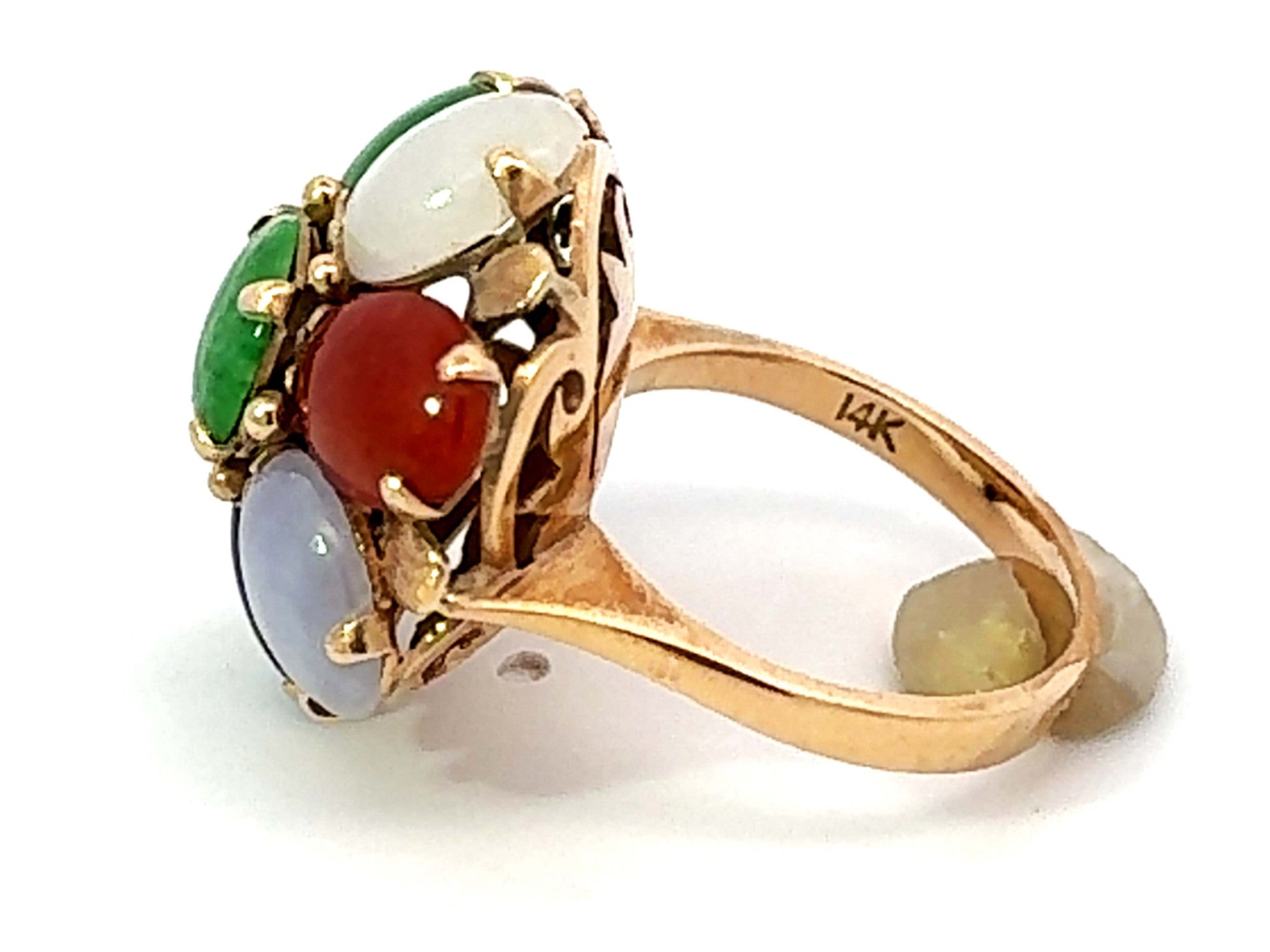 Multi Colored Jade Flower Ring 14K Yellow Gold