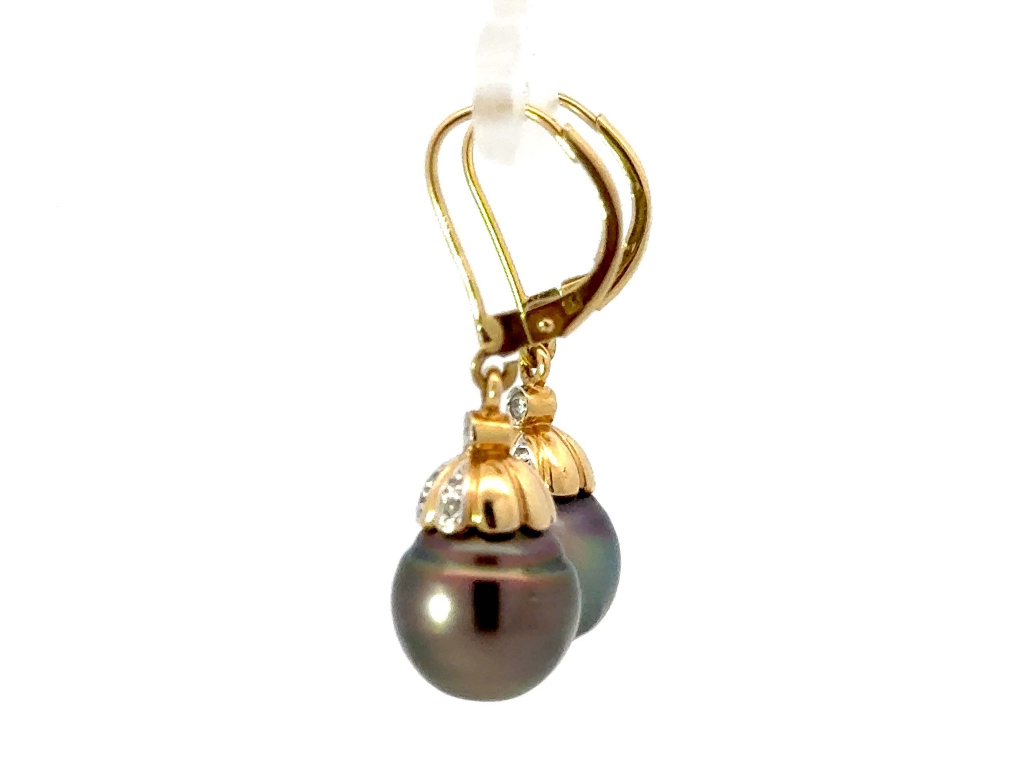 Round Tahitian Pearl and Diamond Dangly Earrings 18K Yellow Gold