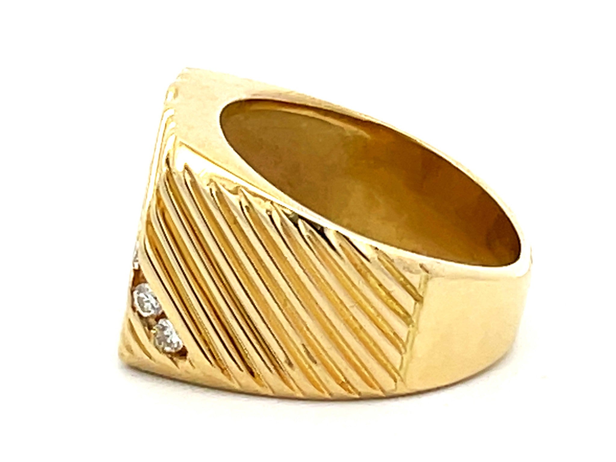 Mens Fluted Design and Diagonal Diamond Row Pinky Ring in 18k Yellow Gold
