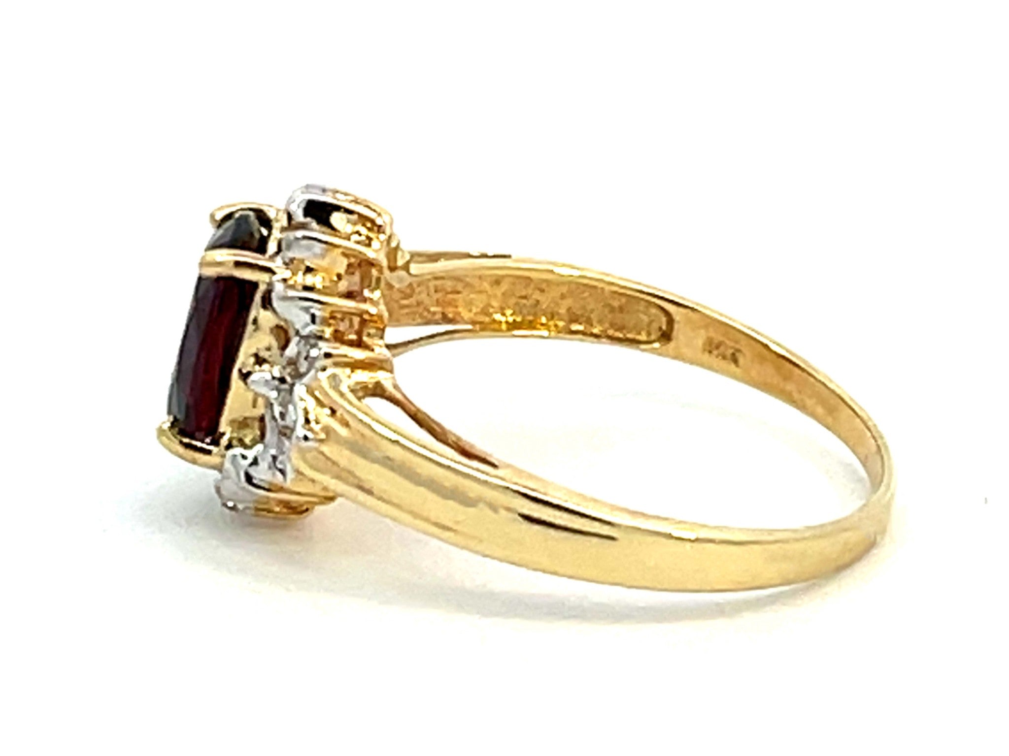 Deep Red Oval Garnet and Diamond Ring 14k Yellow Gold