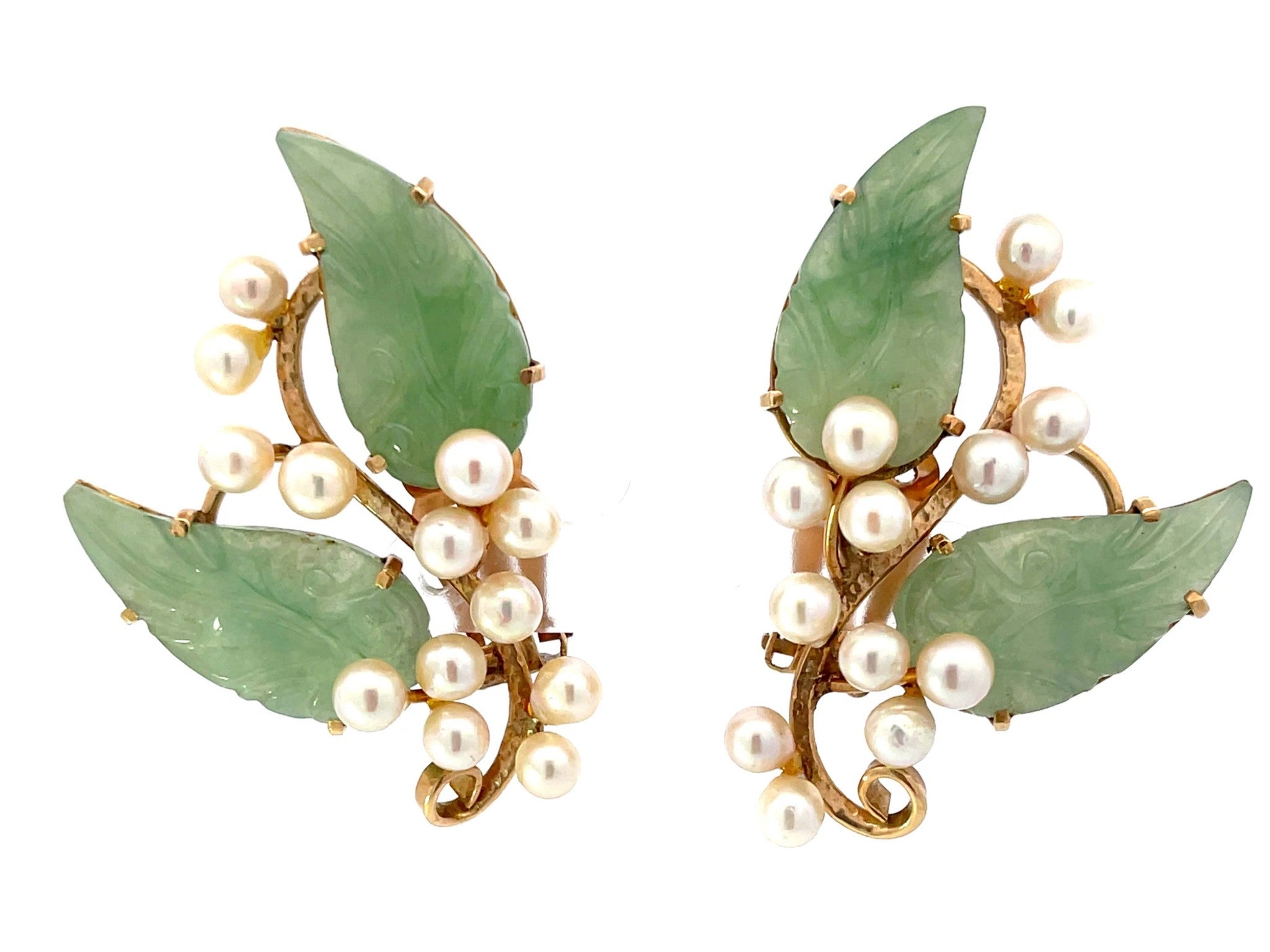Mings Akoya Pearl and Green Jade Leaf Clip on Earrings 14K Yellow Gold