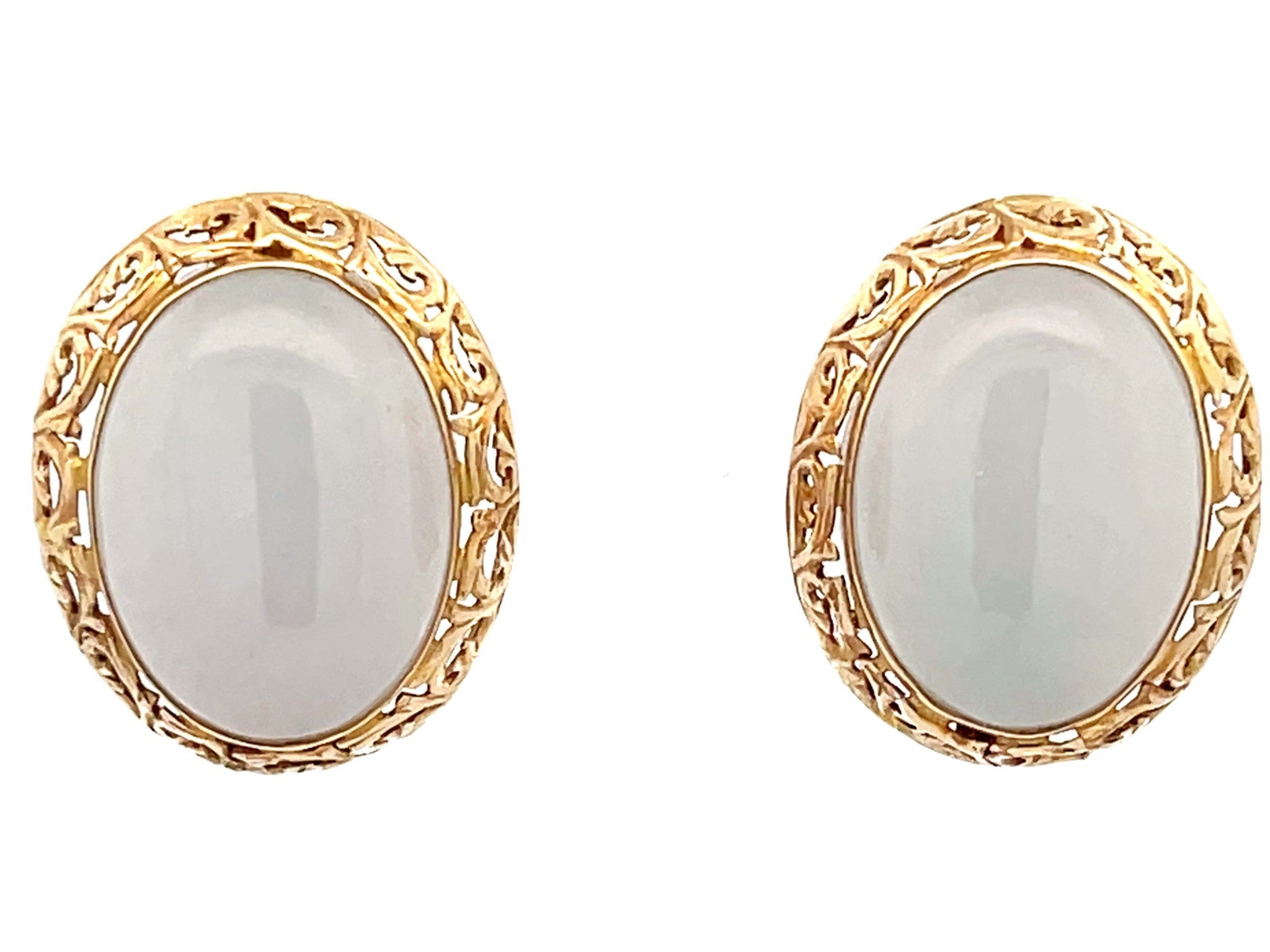 Mings Oval White Jade Earrings 14K Yellow Gold