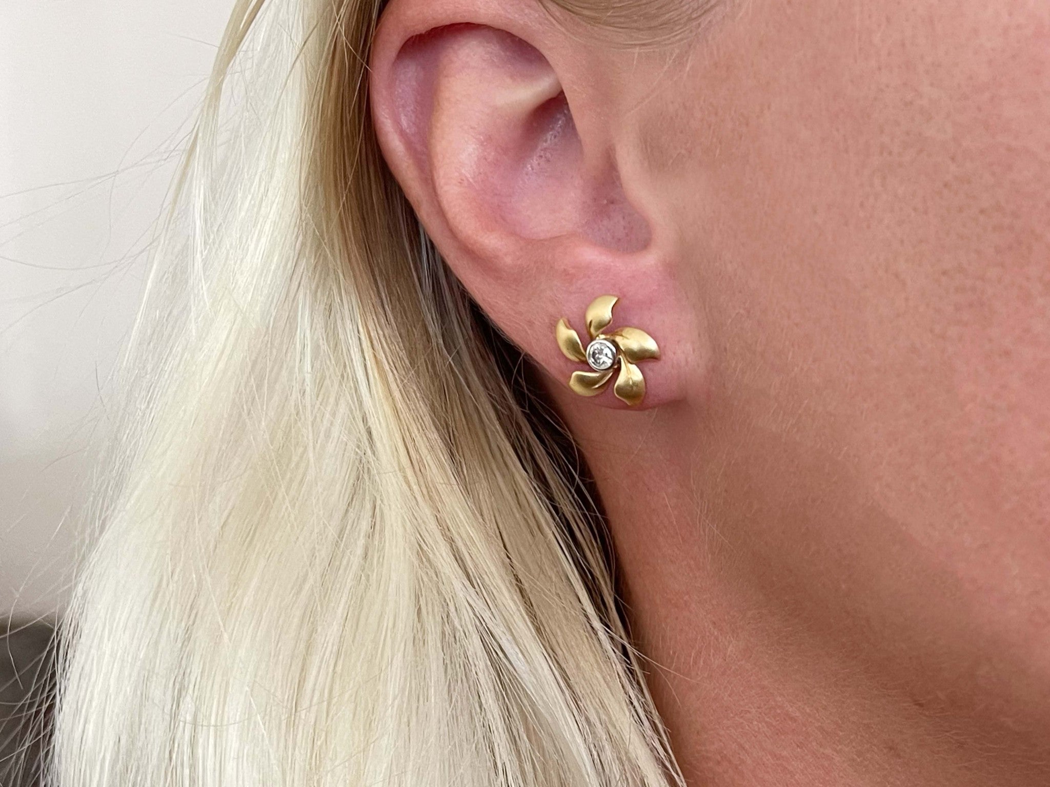 Flower and Diamond Stud Earrings in Satin Finish 14K Yellow Gold