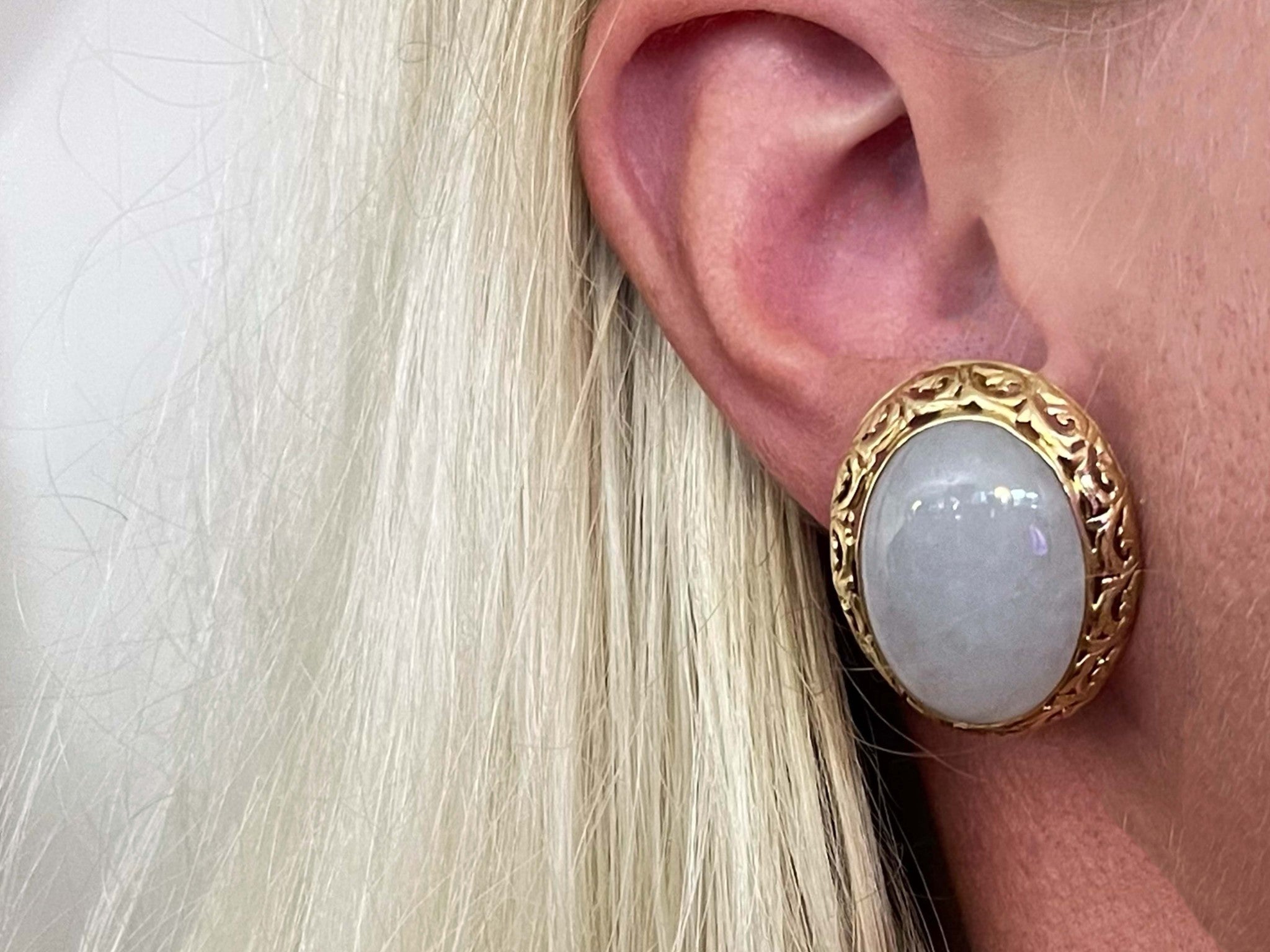 Mings Oval White Jade Earrings 14K Yellow Gold