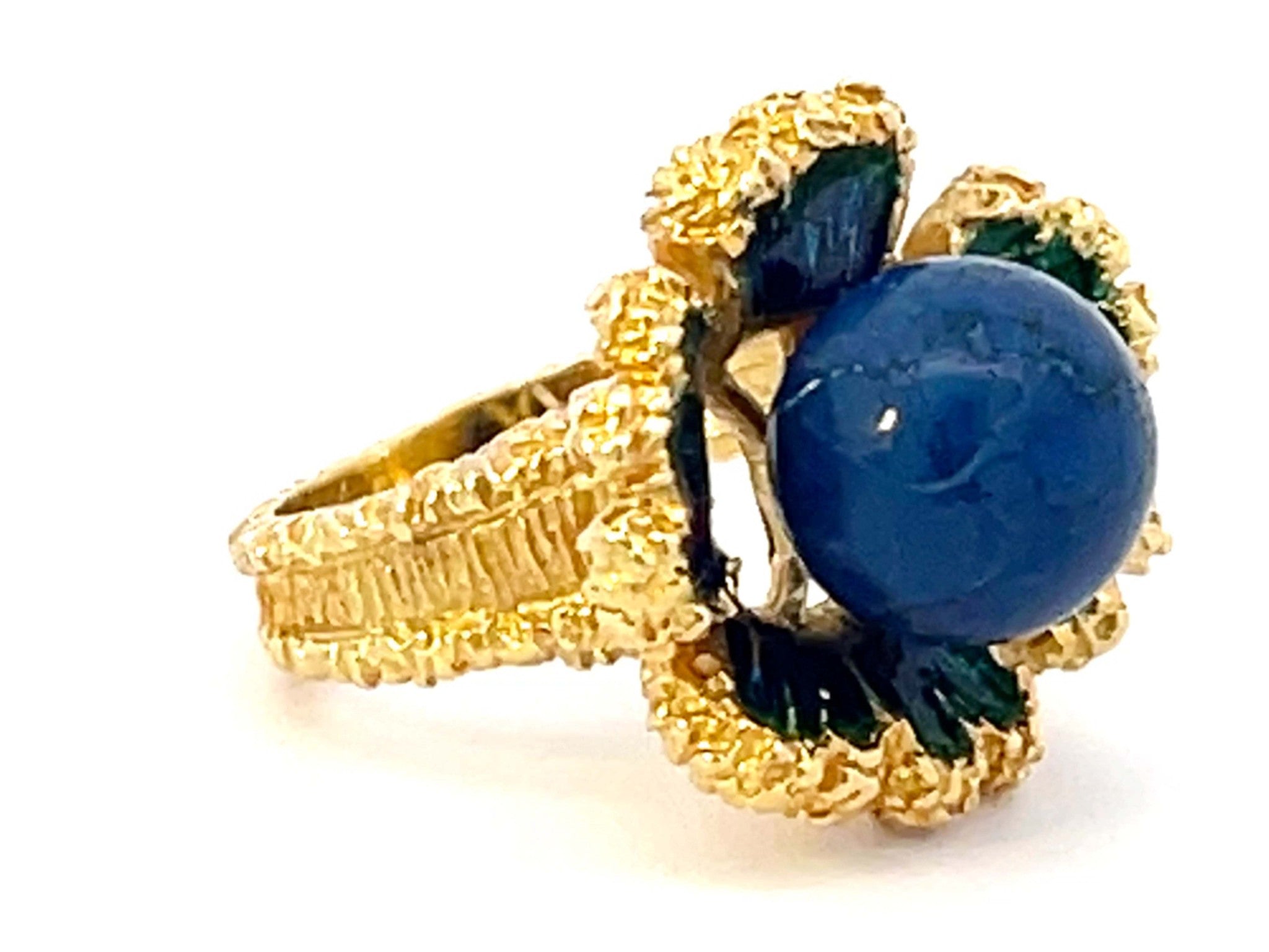 Vintage Lapis Lazuli Enamel Flower Ring 18k Yellow Gold