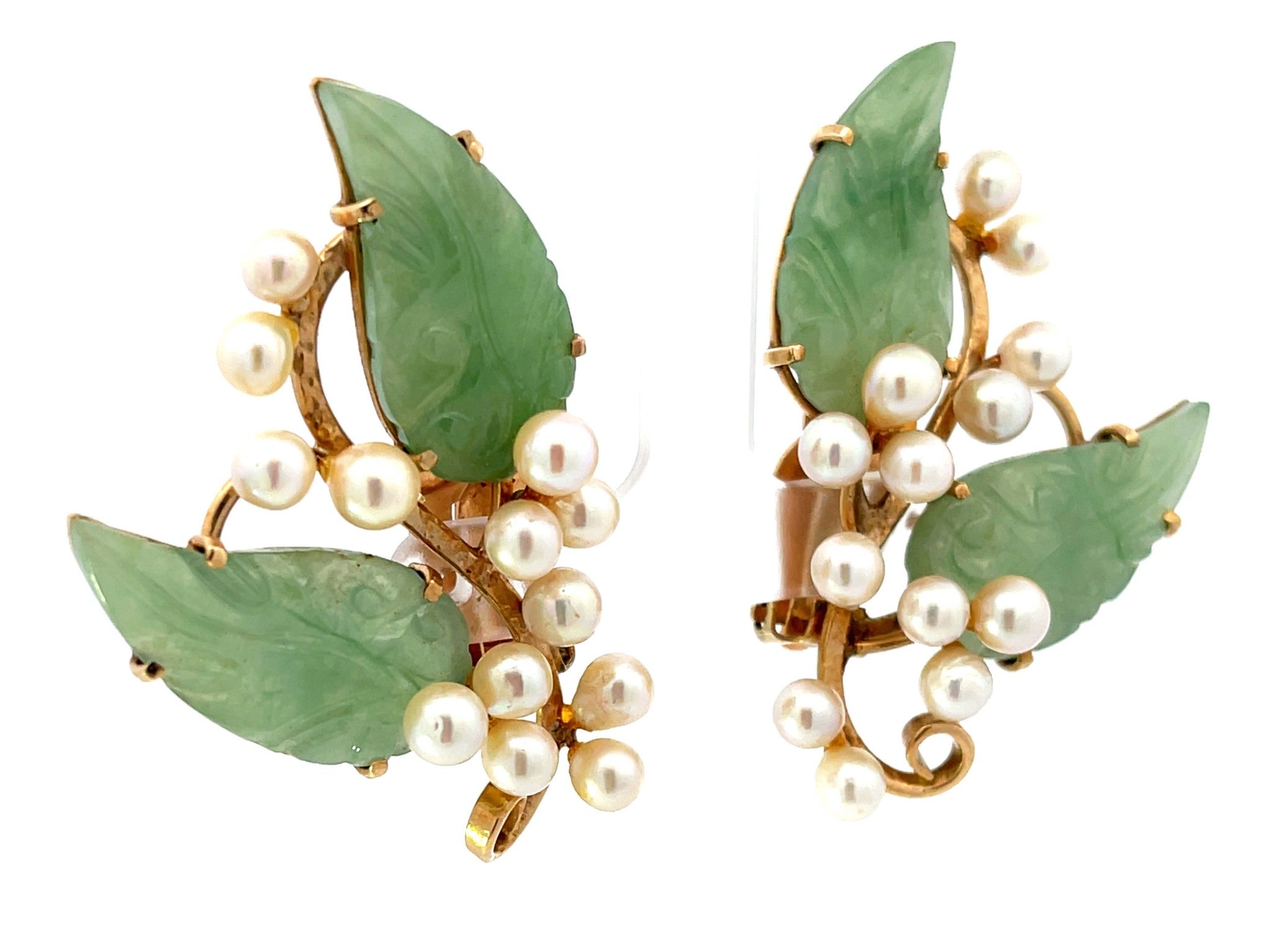 Mings Akoya Pearl and Green Jade Leaf Clip on Earrings 14K Yellow Gold
