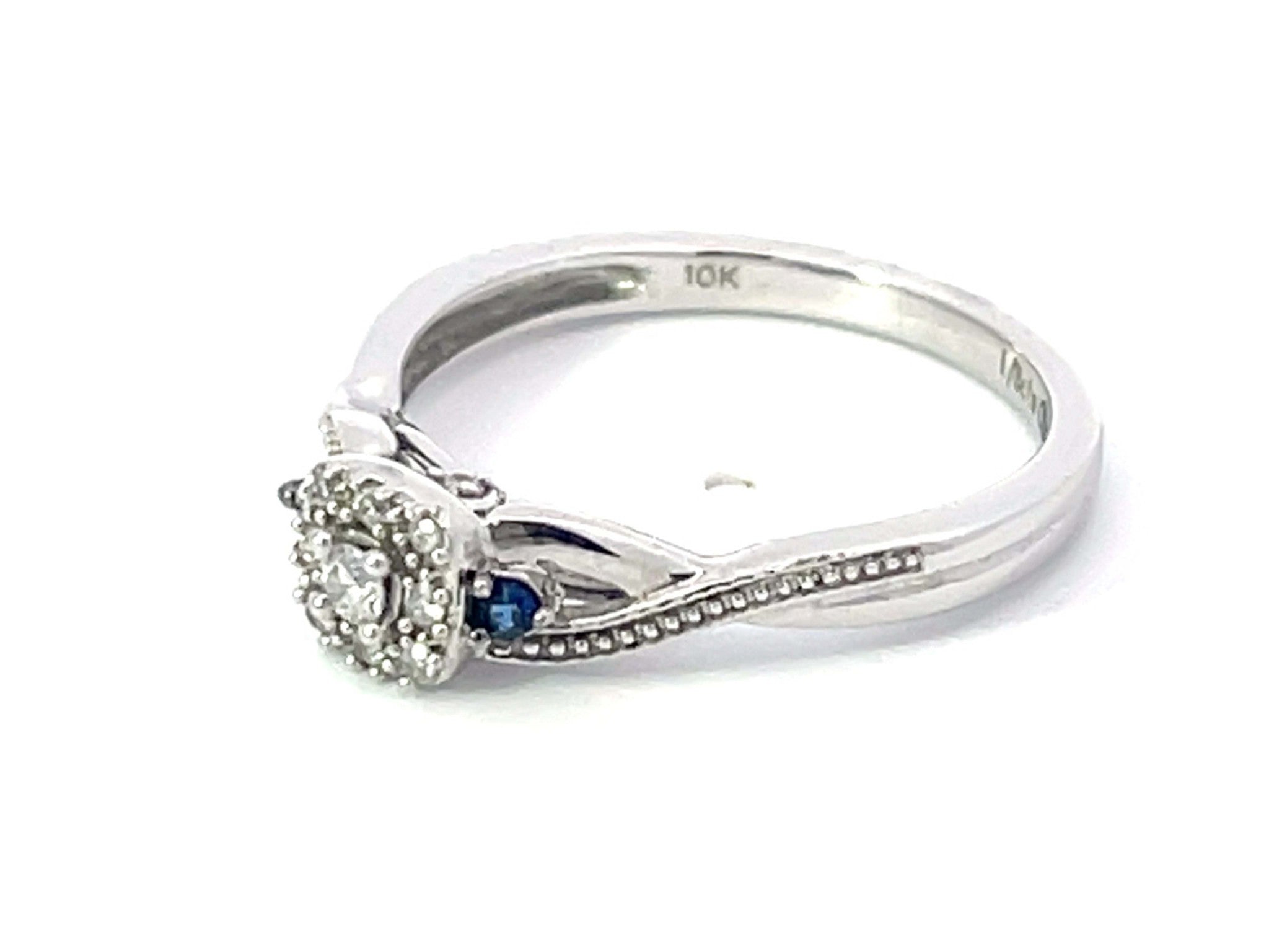 Diamond Halo and Sapphire Ring in 10k White Gold