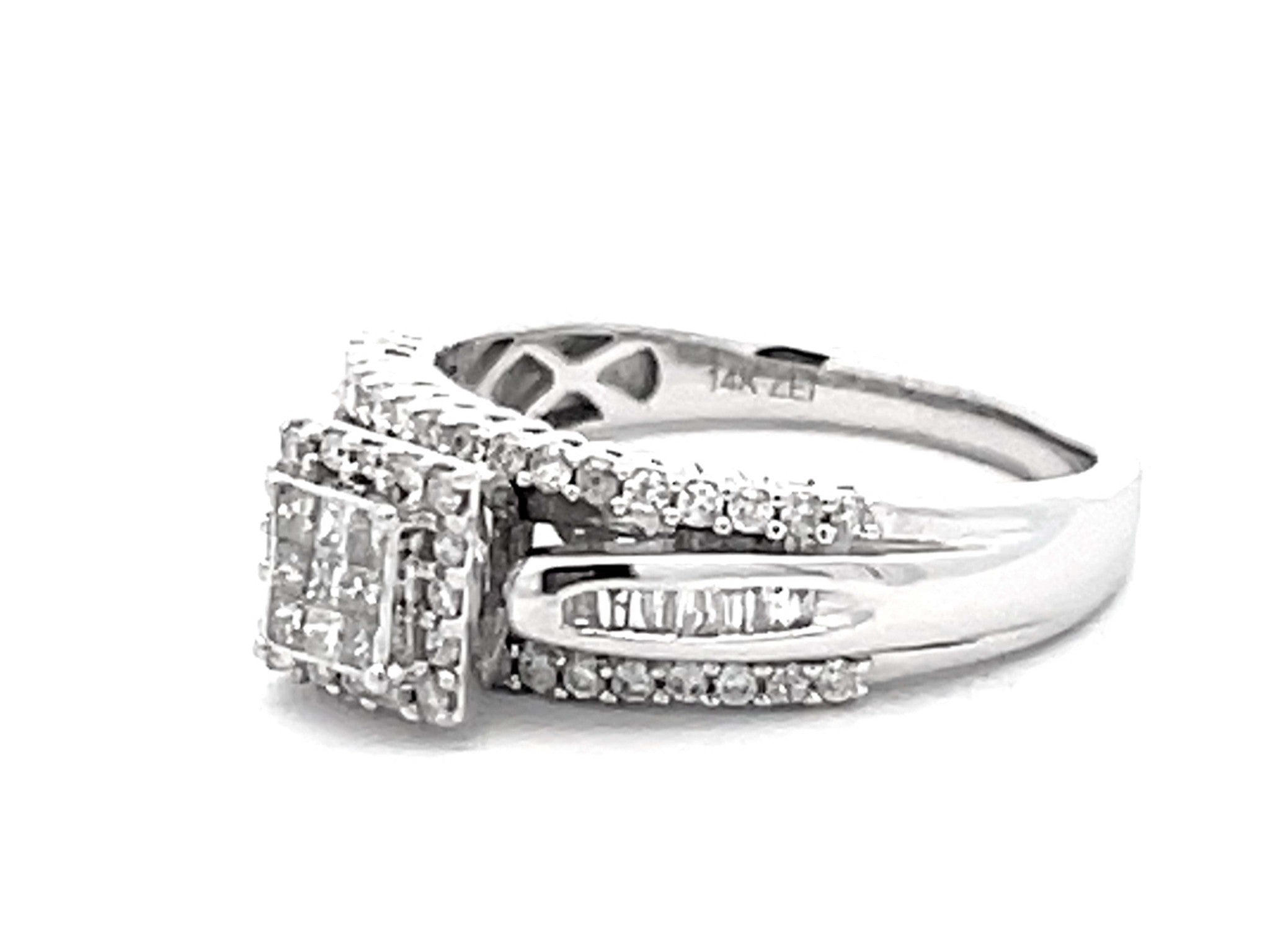 Princess Cut Diamond Cluster Center Engagement Ring 14k White Gold