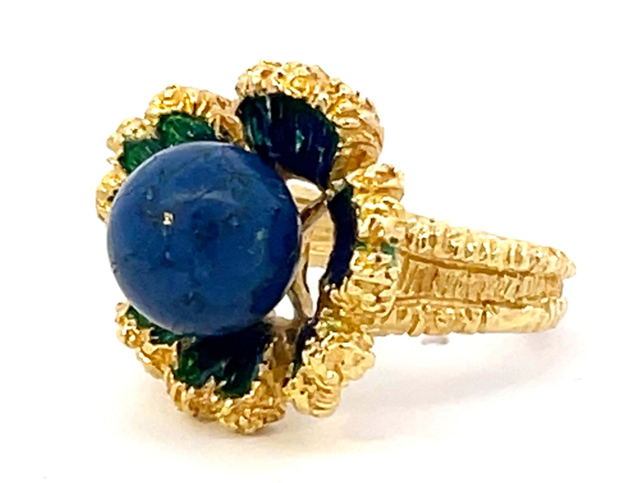Vintage Lapis Lazuli Enamel Flower Ring 18k Yellow Gold