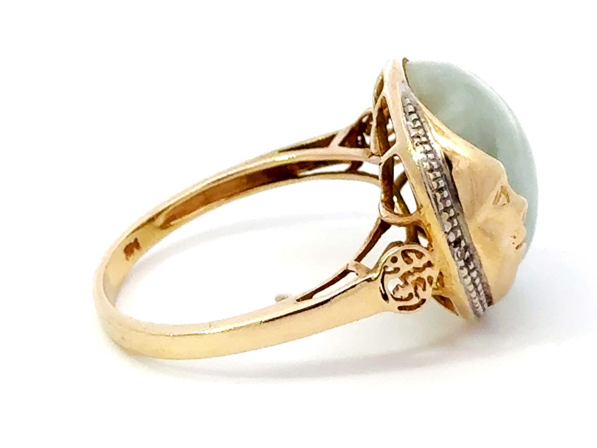 Round Pale Green Jade Cabochon Moon and Diamond Ring 14k Yellow Gold