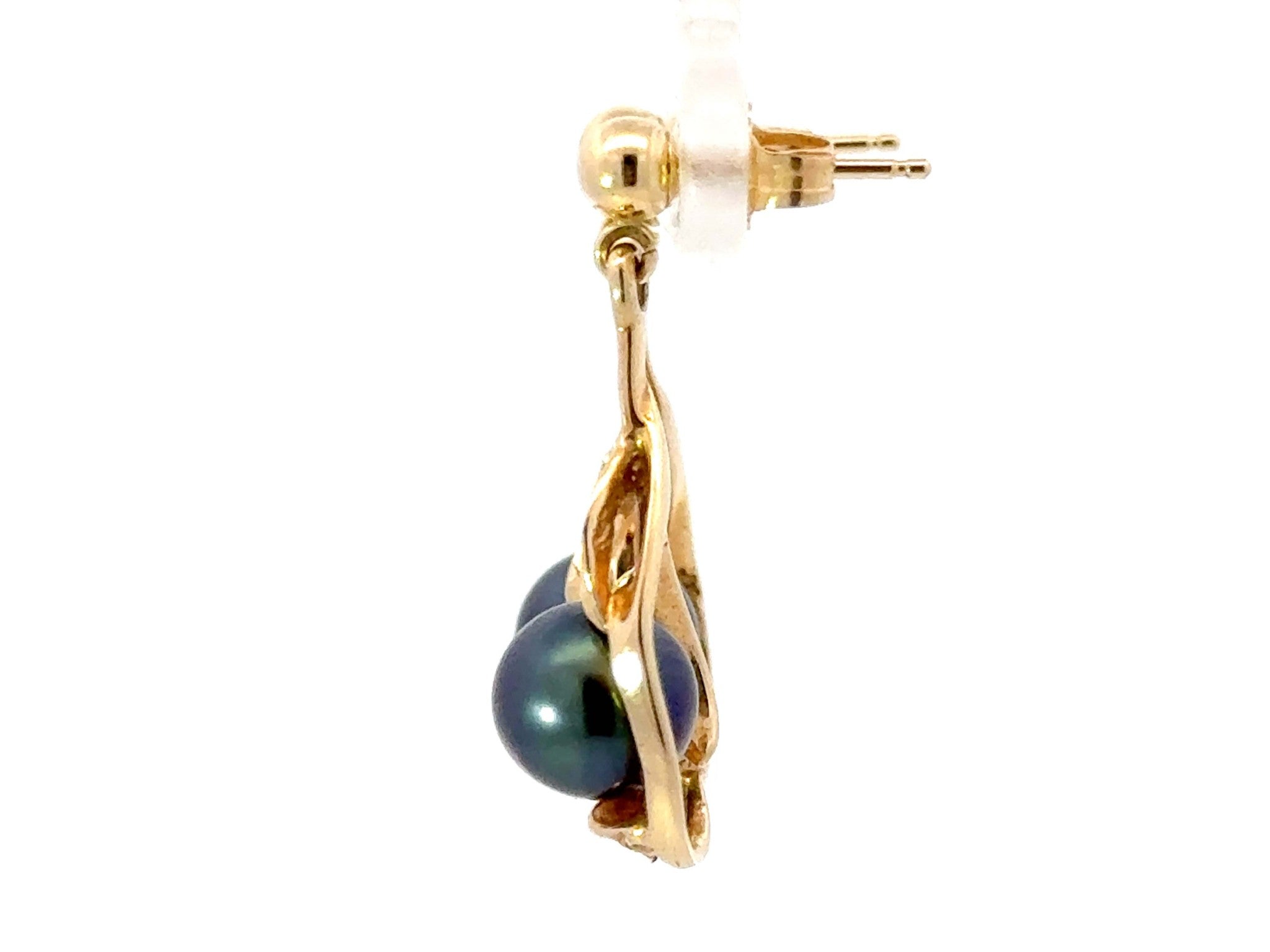 Round Tahitian Pearl Leaf Dangly Earrings 14K Yellow Gold