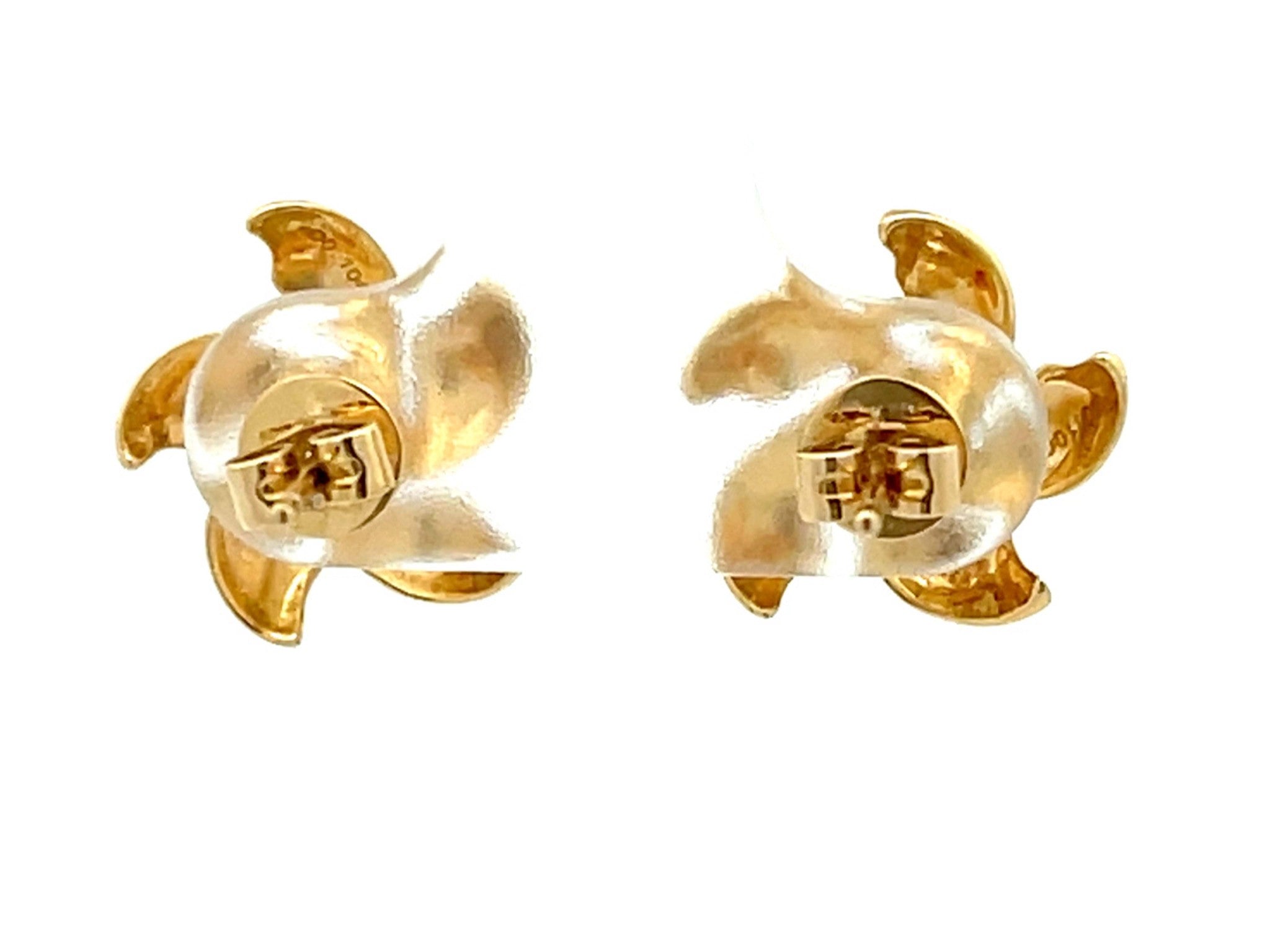 Flower and Diamond Stud Earrings in Satin Finish 14K Yellow Gold