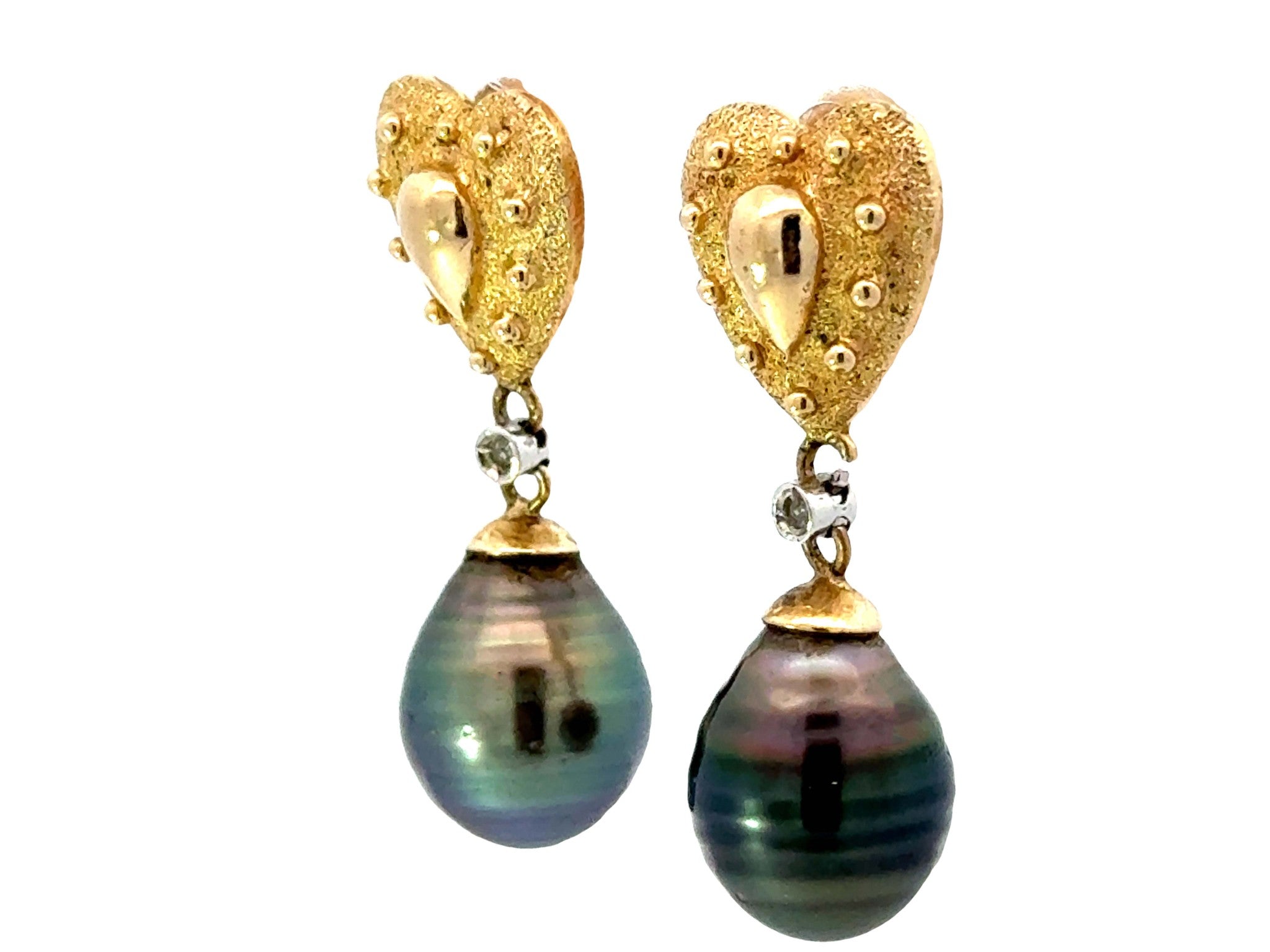 Tahitian Pearl and Yellow Gold Heart Earrings 14K Yellow Gold
