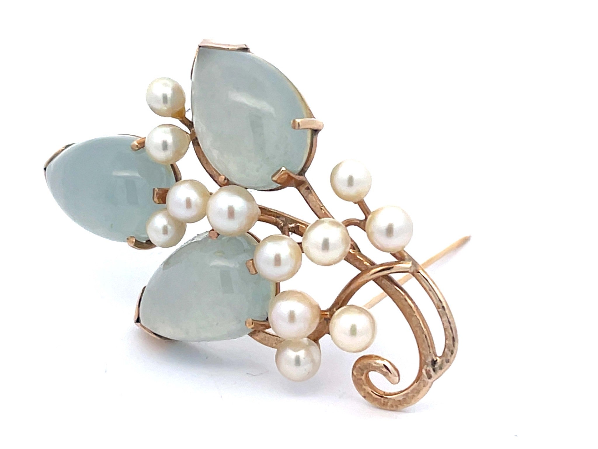 Mings Light Jade Leaf and Pearl Branch Brooch in 14k Yellow Gold