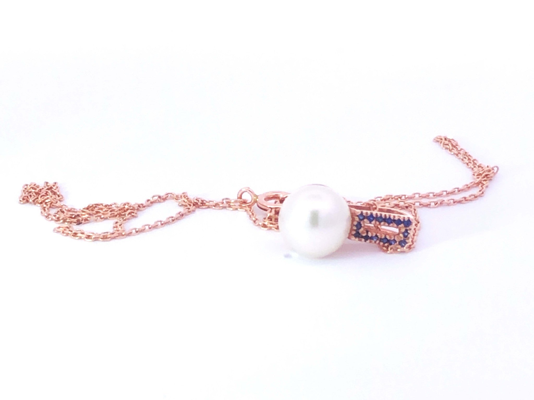 White Pearl & Sapphire Pendant With Chain in 14k Rose Gold