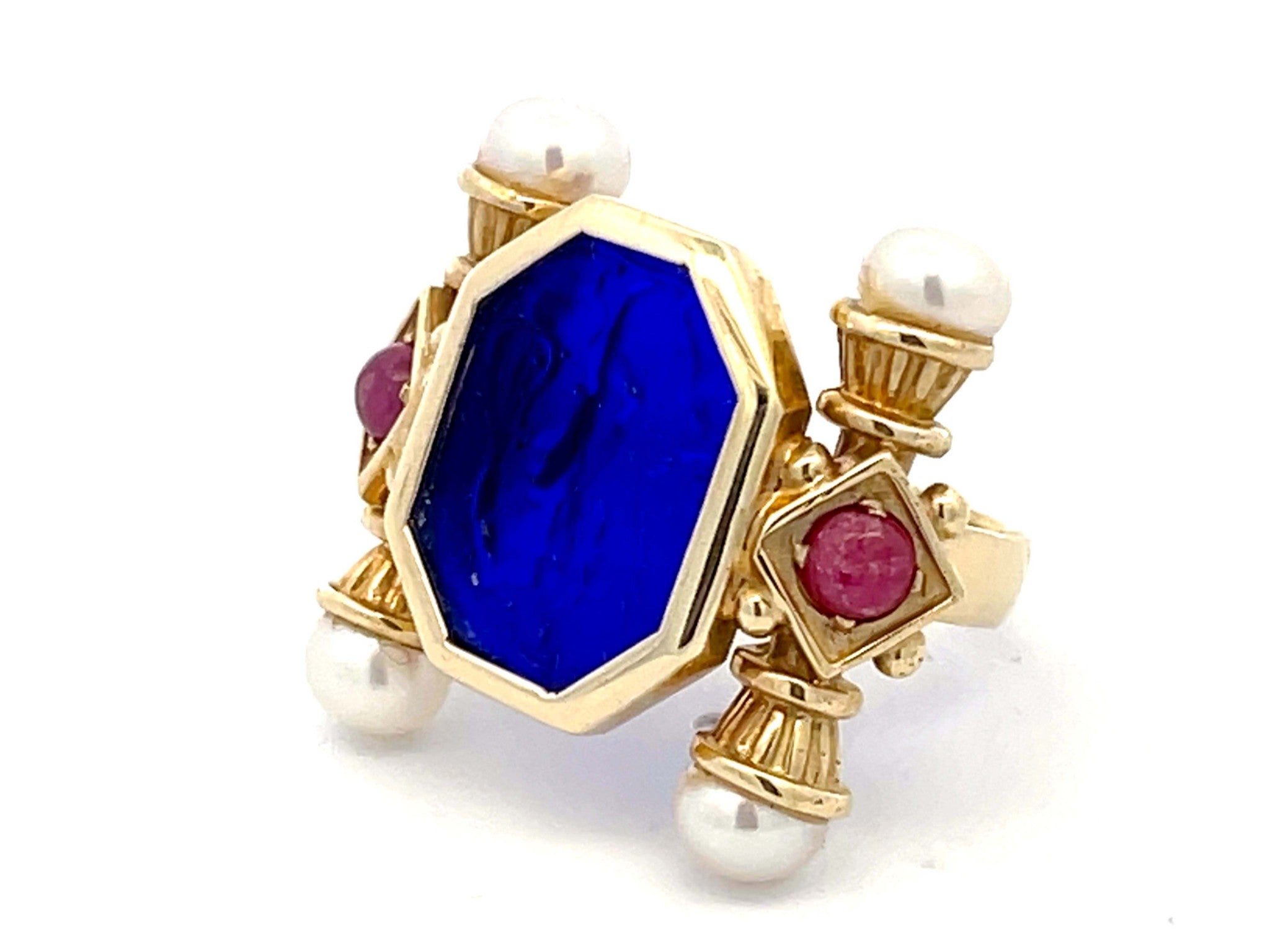 Large Vintage Blue Glass Cameo Ruby and Pearl Ring in 14k Yellow Gold